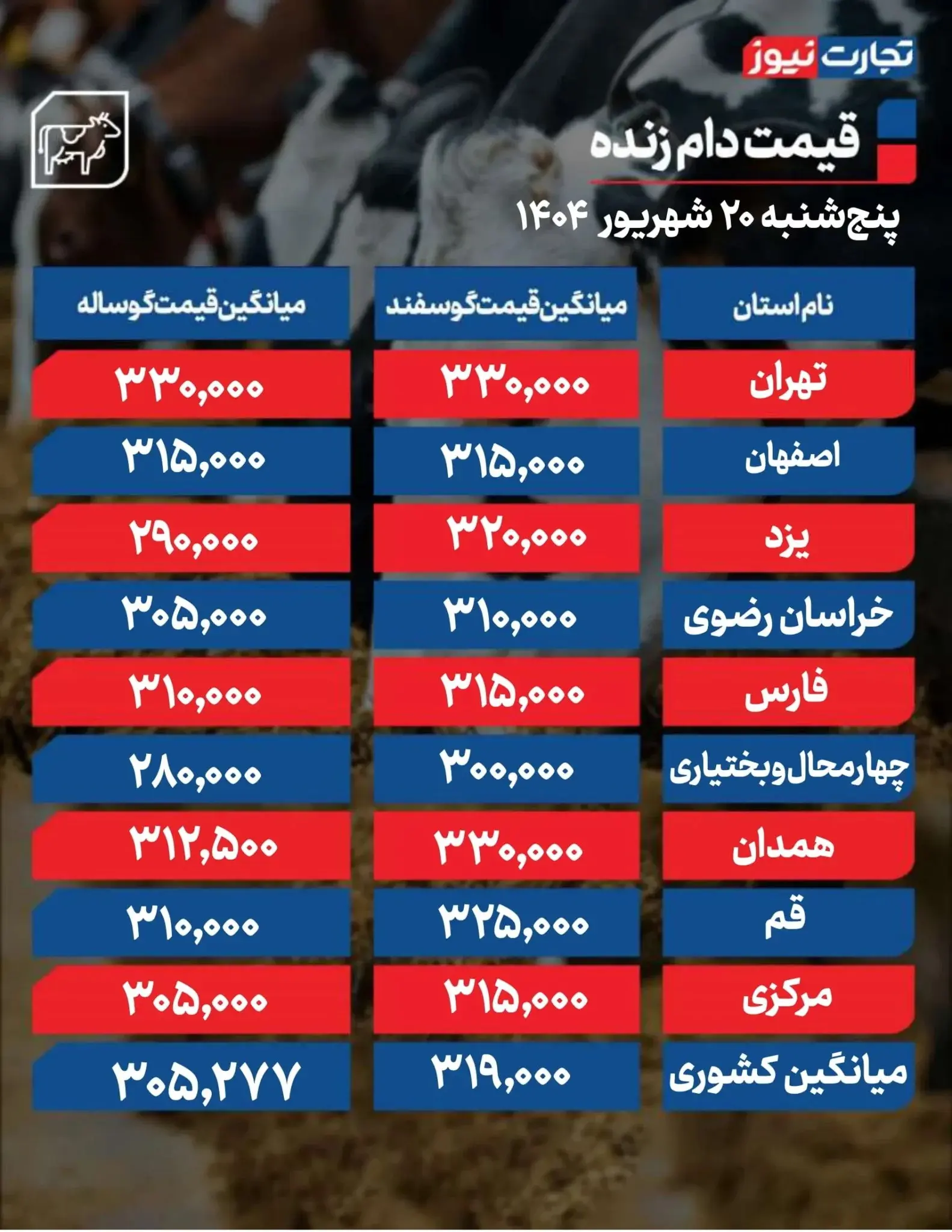 قیمت دام زنده امروز ۲۰ شهریور ۱۴۰۴ + جدول