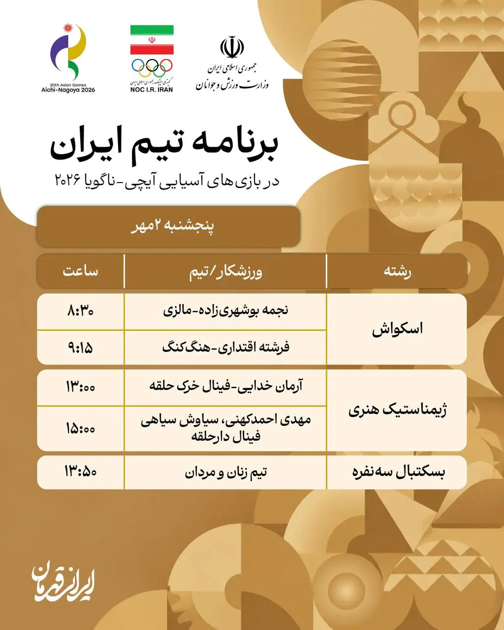 برنامه روز پنجم نمایندگان ایران در بازی های آسیایی ناگویا