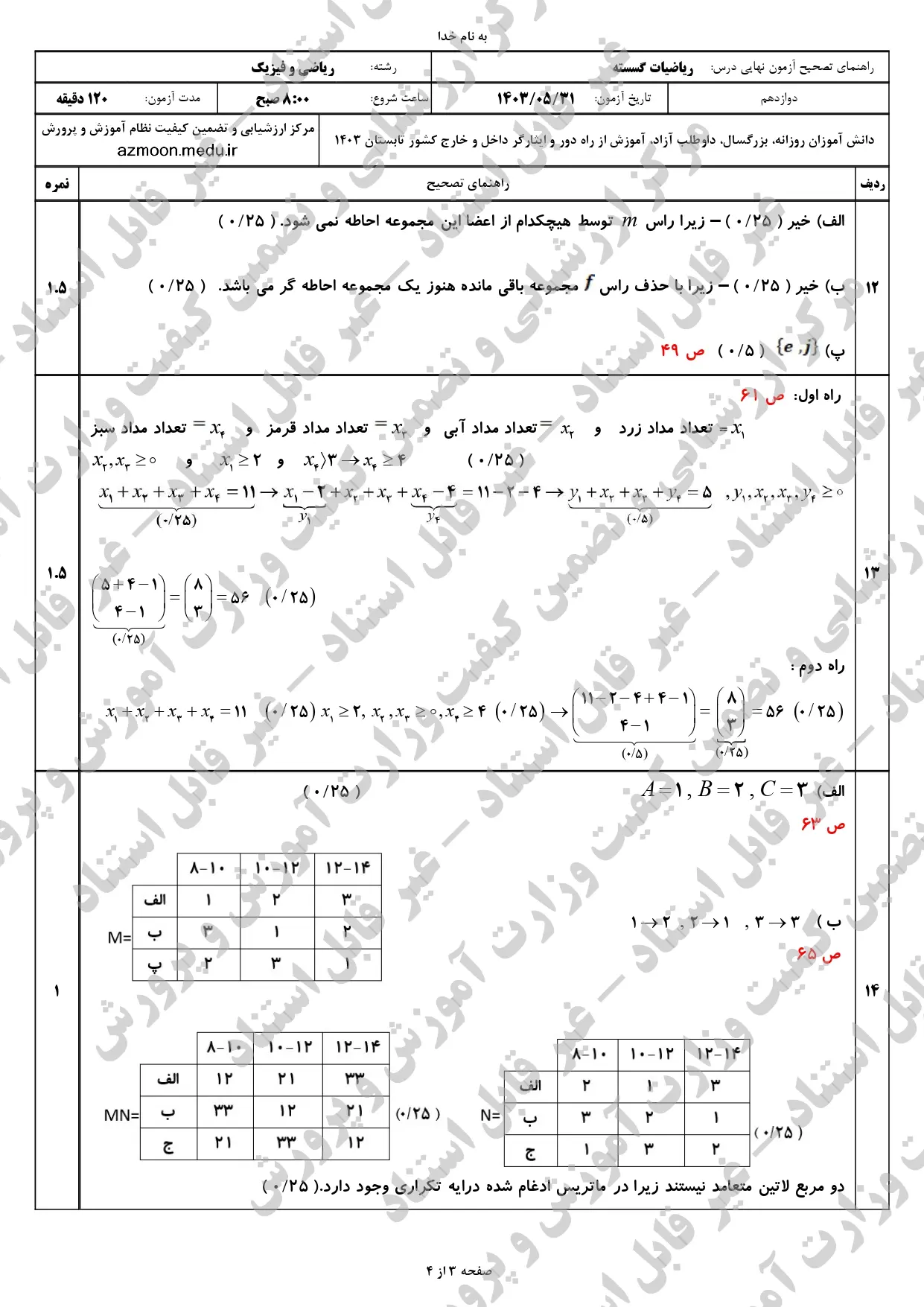 سوالات امتحان نهایی ریاضیات گسسته دوازدهم مرداد شهریور ۱۴۰۳ + پاسخنامه