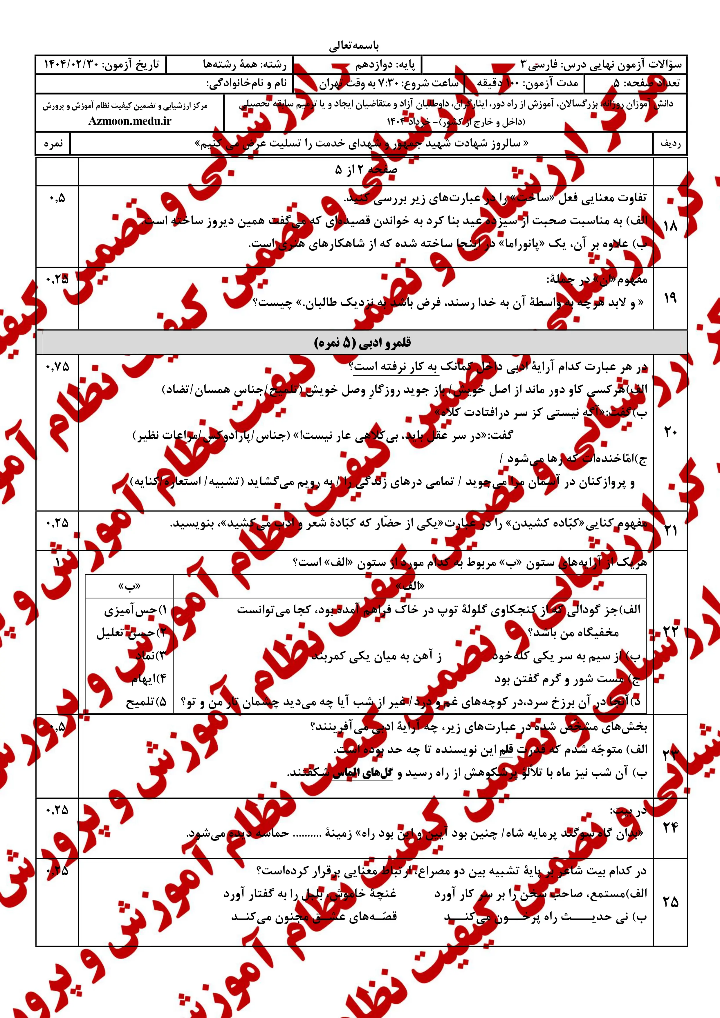 دانلود سوالات امتحان نهایی فارسی دوازدهم خرداد ۱۴۰۴ + پاسخنامه