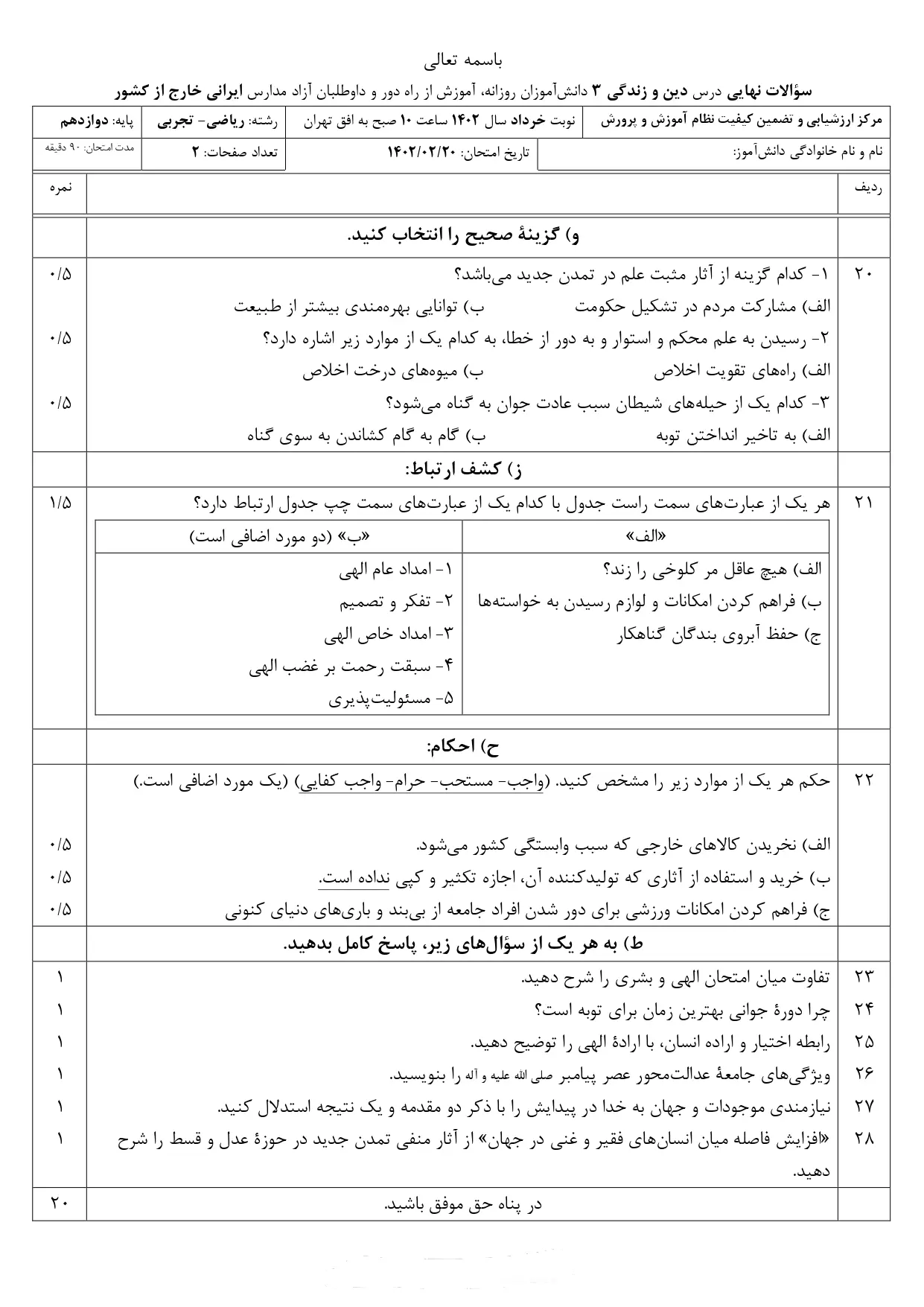 سوالات امتحان نهایی دینی پایه دوازدهم تجربی و ریاضی خارج از کشور خرداد ۱۴۰۳ + با پاسخنامه