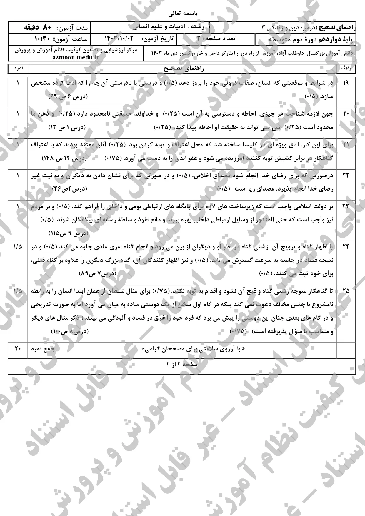 سوالات امتحان نهایی دین و زندگی دوازدهم انسانی دی ماه ۱۴۰۳ + پاسخنامه