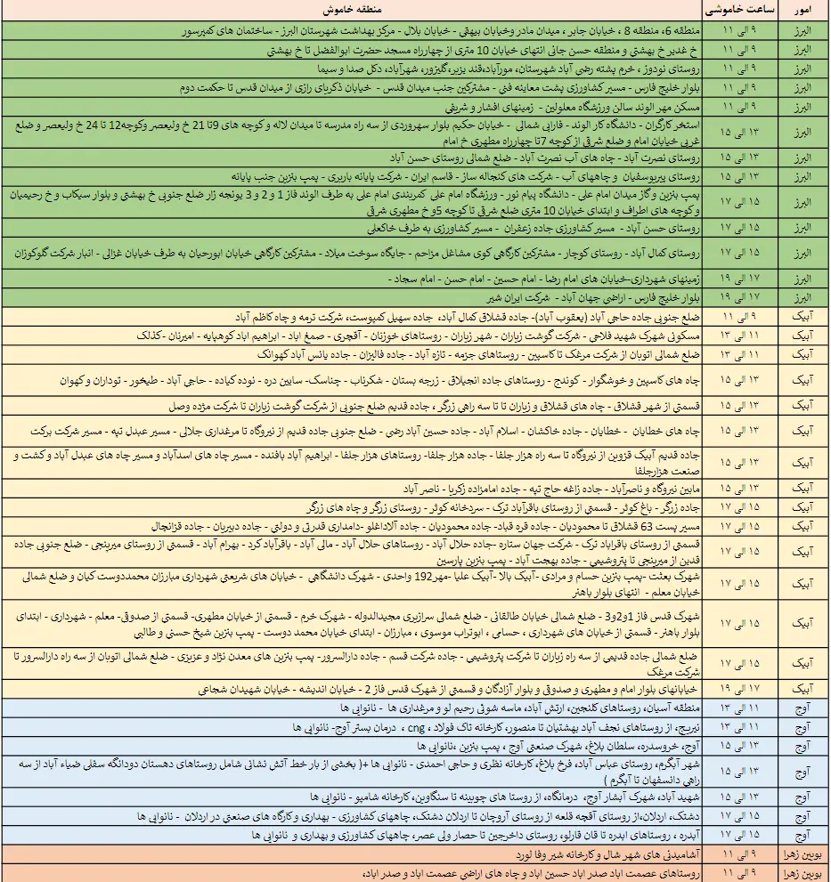 جدول خاموشی‌های 28 اردیبهشت در قزوین منتشر شد