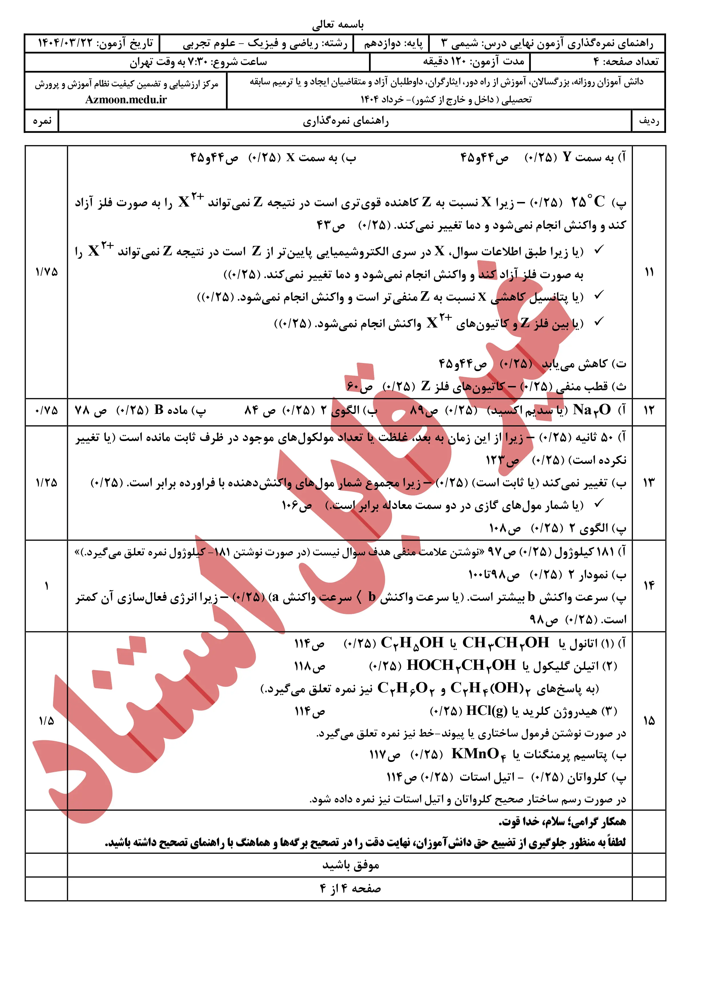 سوالات امتحان نهایی شیمی دوازدهم خرداد ۱۴۰۴ + پاسخنامه