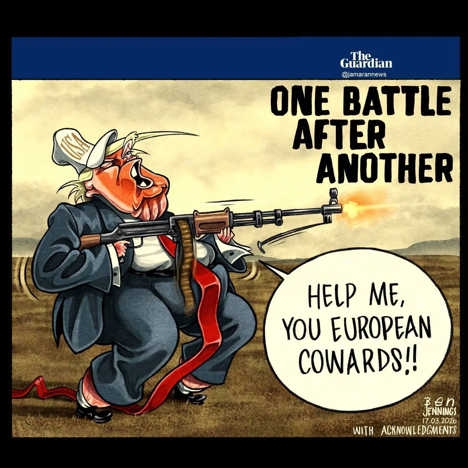 «گاردین« هم ترامپ را به سخره گرفت/آهای اروپایی‌های ترسو+کاریکاتور