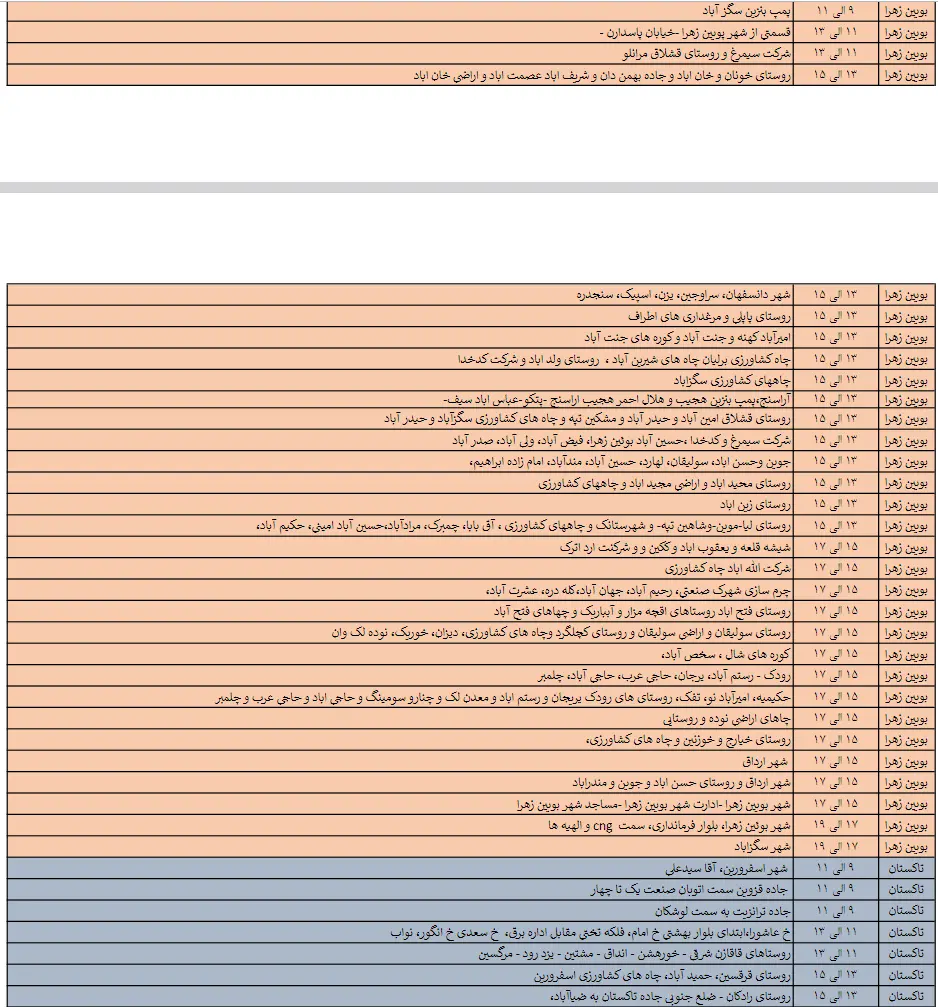 جدول خاموشی‌های 28 اردیبهشت در قزوین منتشر شد