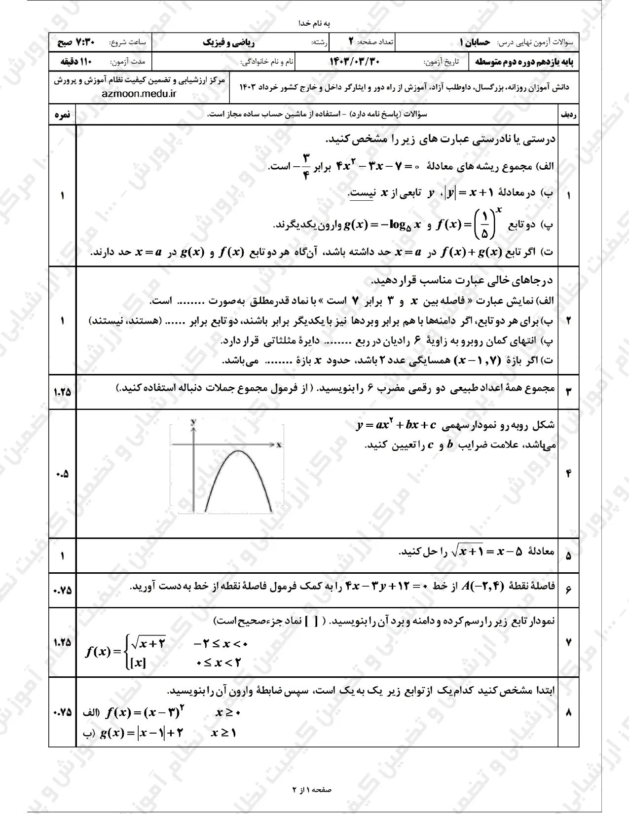سوالات امتحان نهایی حسابان یازدهم خرداد ۱۴۰۳ + پاسخنامه تشریحی