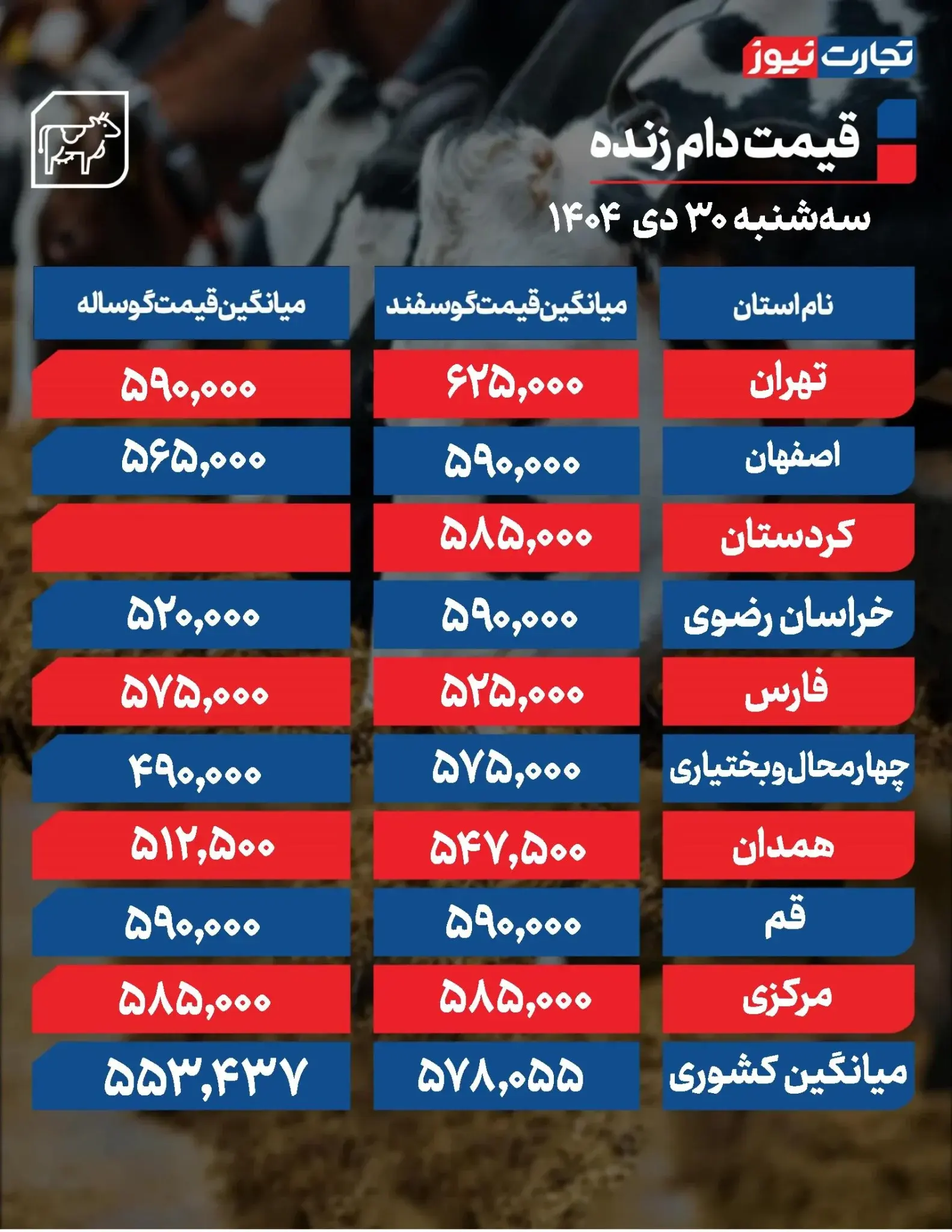 قیمت دام زنده امروز ۳۰ دی ۱۴۰۴ + جدول 