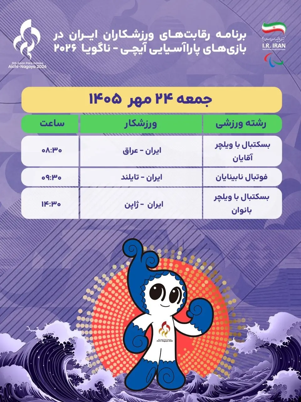 برنامه روز نخست نمایندگان ایران در بازی های پاراآسیایی ناگویا