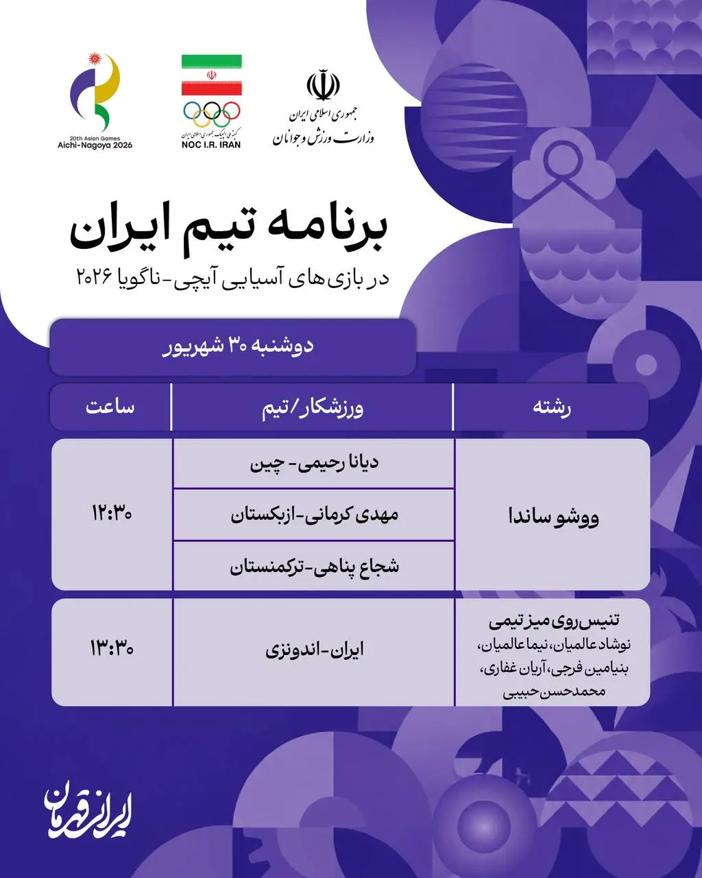 برنامه روز دوم نمایندگان ایران در بازی های آسیایی ناگویا