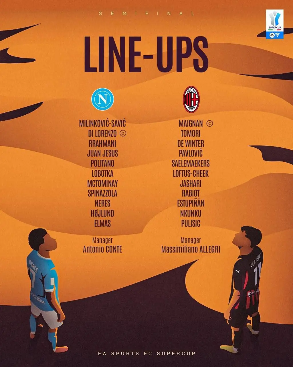 اعلام ترکیب دو تیم ناپولی و میلان