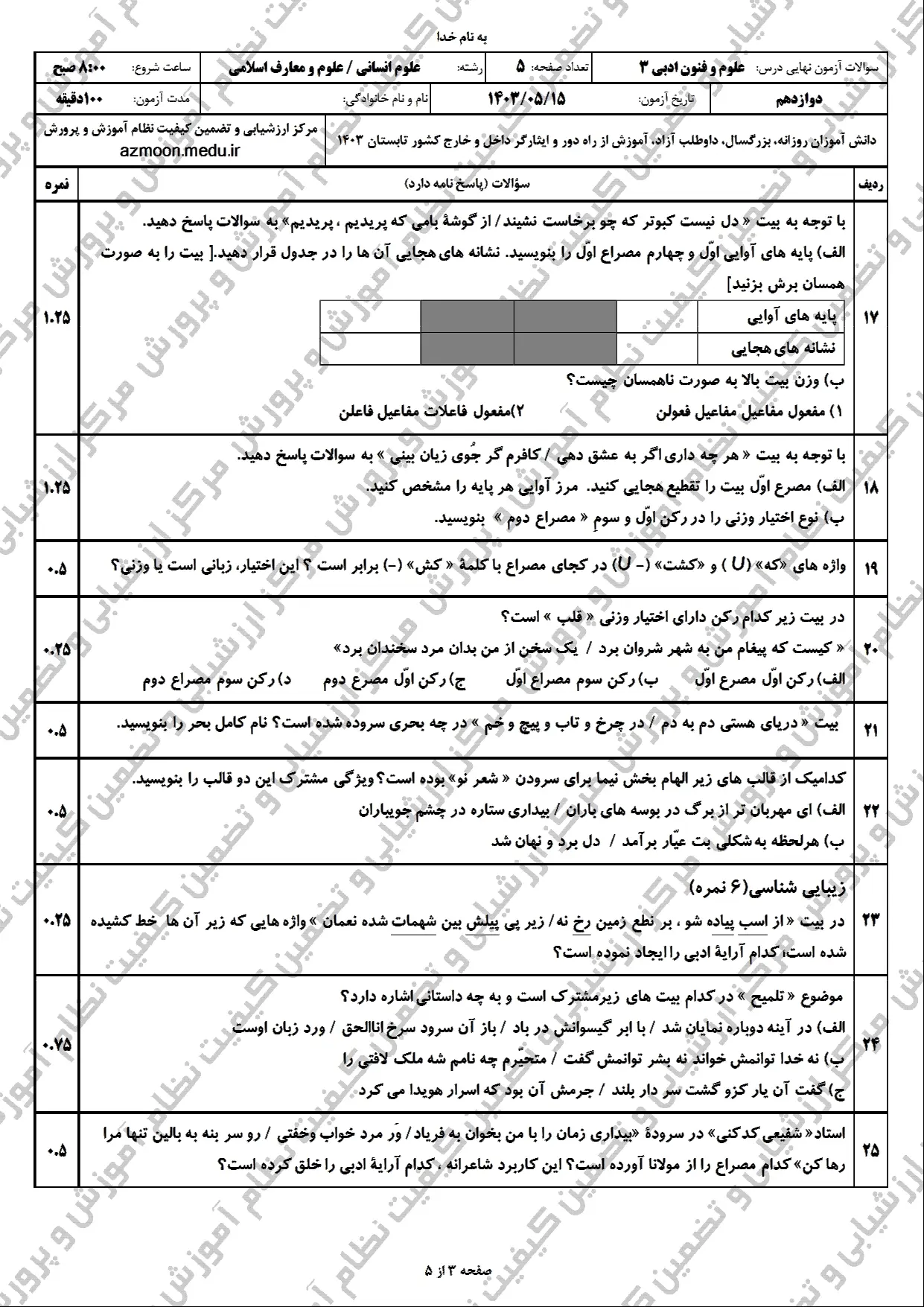 سوالات امتحان نهایی علوم و فنون ادبی دوازدهم مرداد شهریور ۱۴۰۳ + پاسخنامه