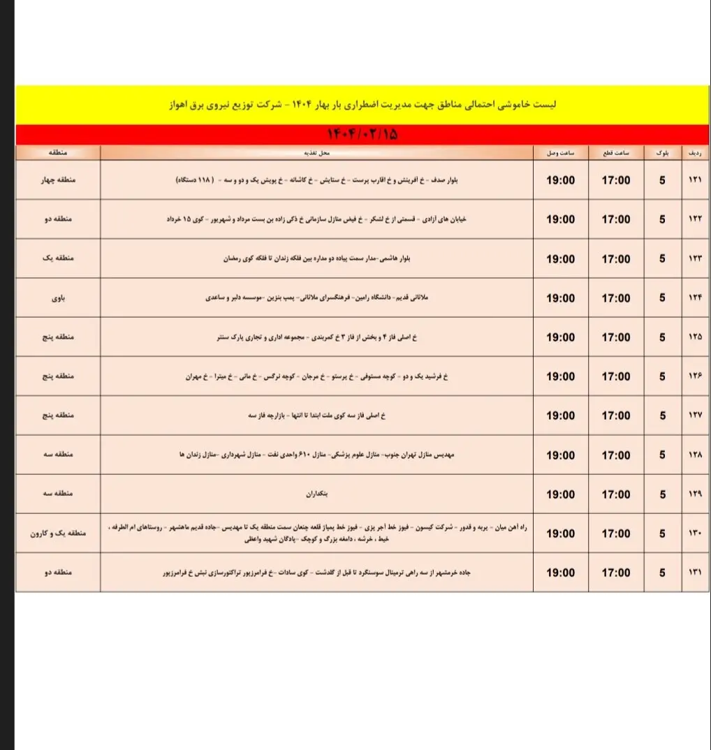 جدول خاموشی برق مناطق خوزستان امروز دوشنبه
