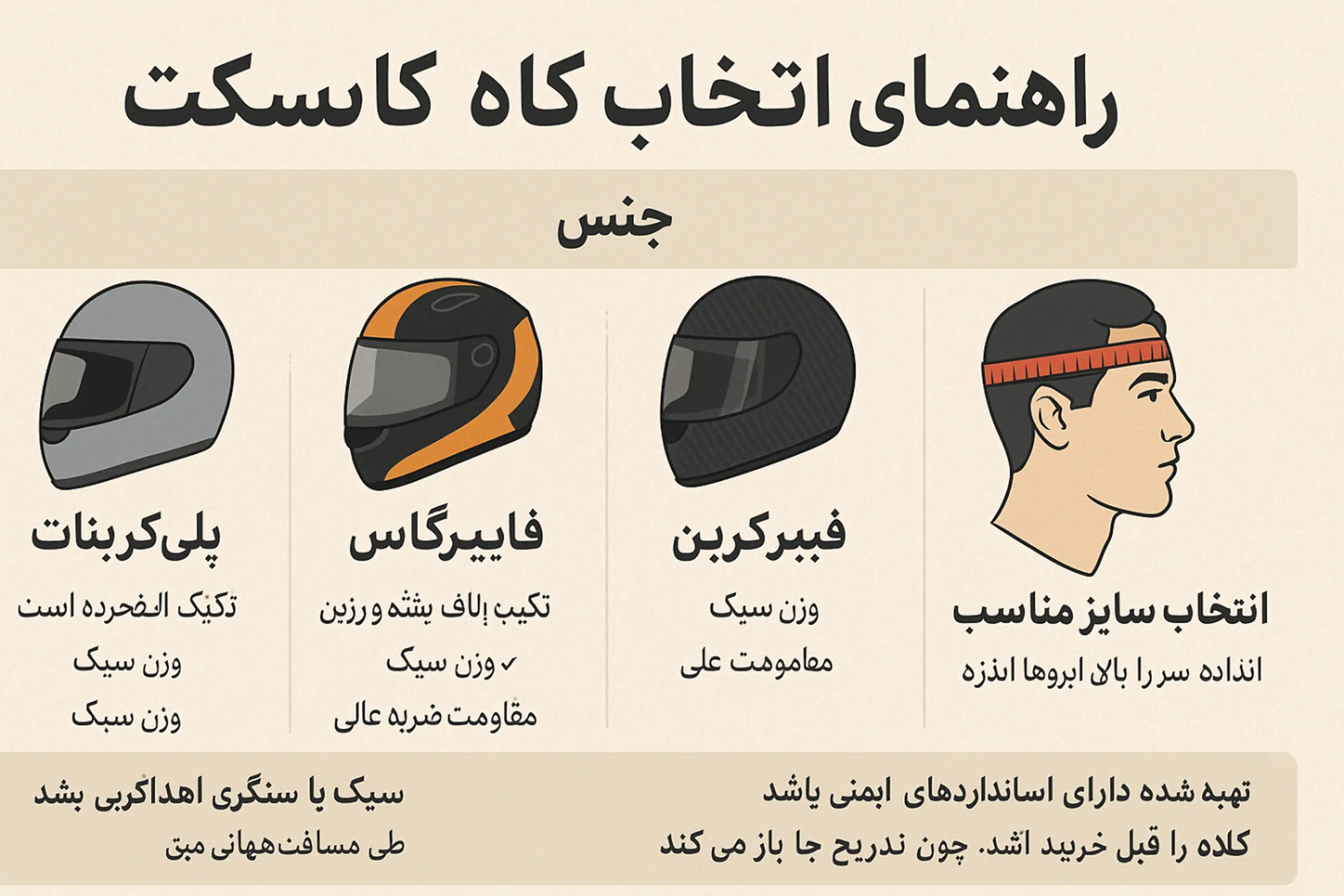 راهنمای انتخاب کلاه کاسکت از نظر جنس، وزن و سایز مناسب
