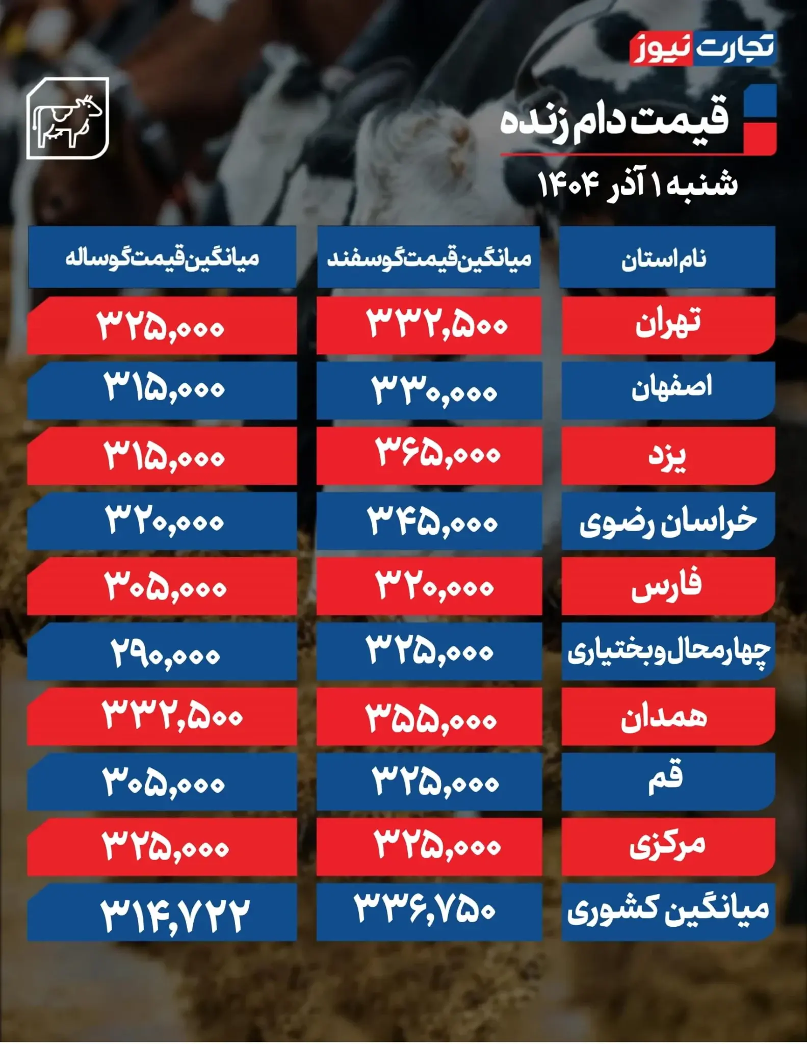 قیمت دام زنده امروز ۱ آذر ۱۴۰۴ + جدول