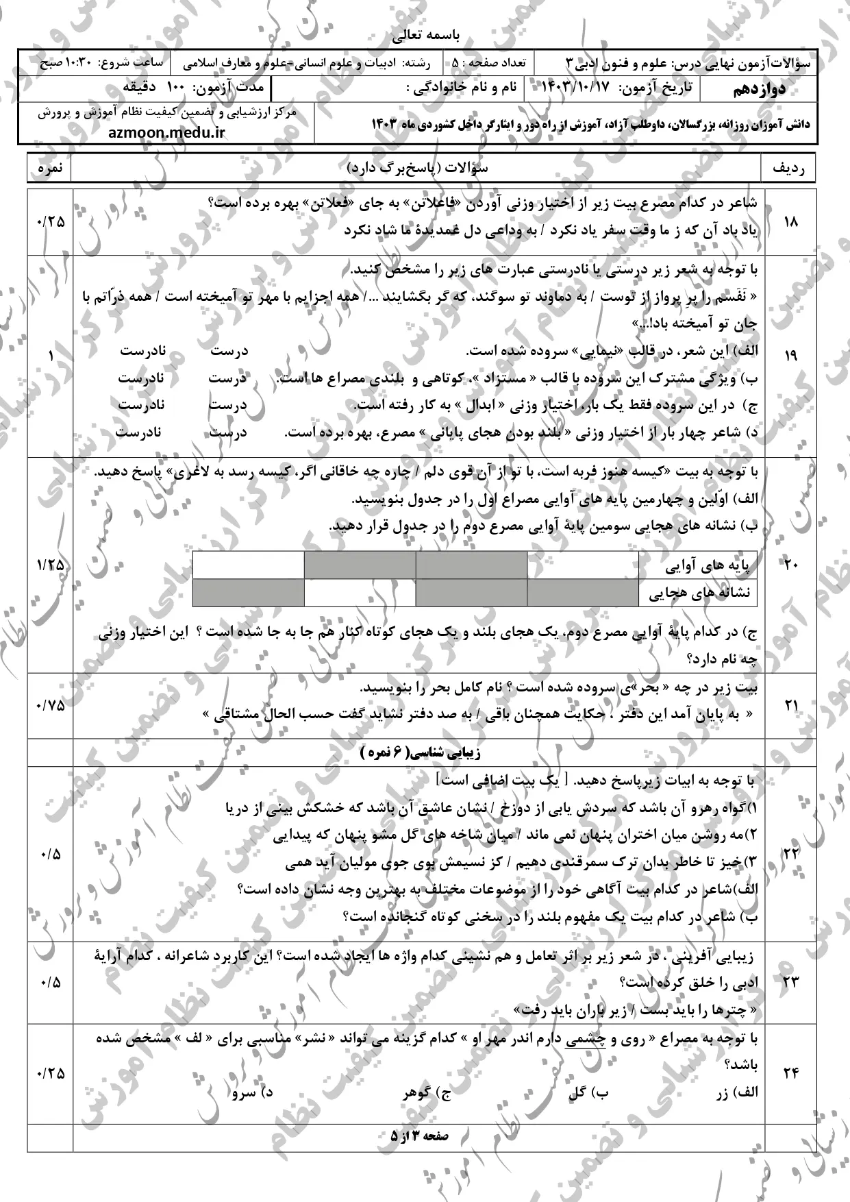 سوالات امتحان نهایی علوم و فنون ادبی دوازدهم دی ماه ۱۴۰۳ + پاسخنامه