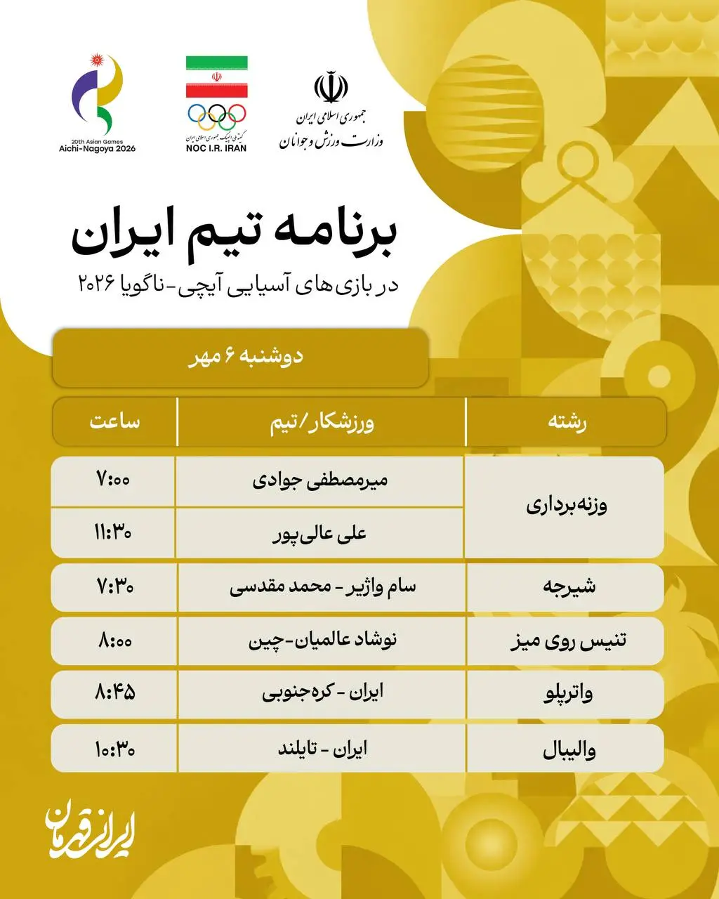 برنامه روز نهم نمایندگان ایران در بازی های آسیایی ناگویا