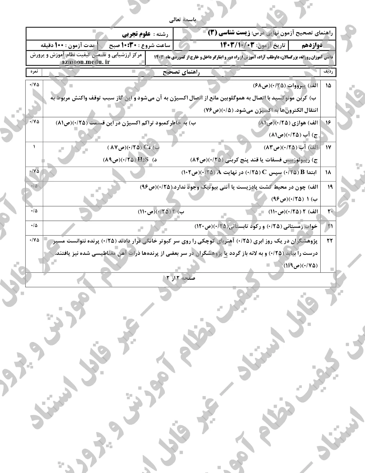 سوالات امتحان نهایی زیست شناسی دوازدهم تجربی دی ماه ۱۴۰۳ + پاسخنامه