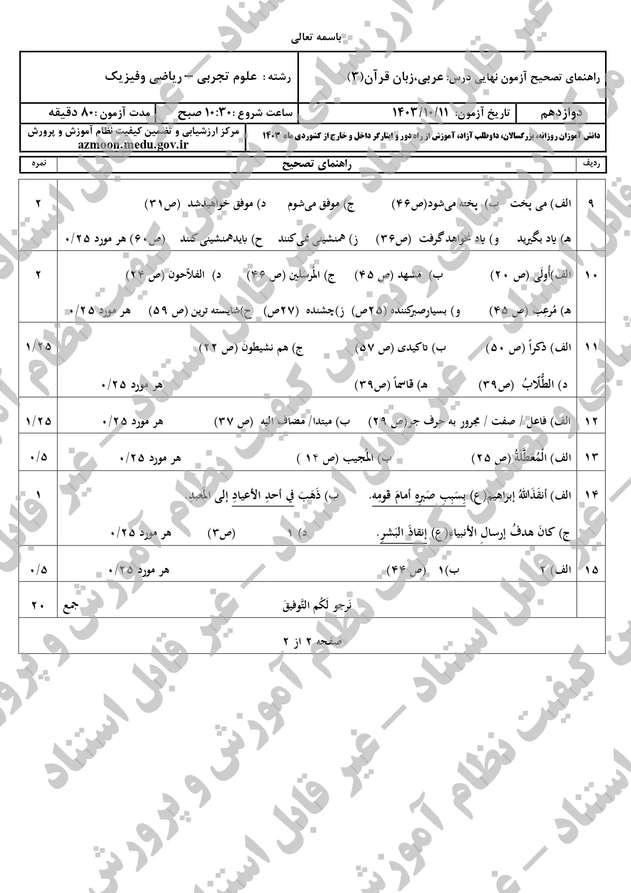 سوالات امتحان نهایی عربی دوازدهم تجربی و ریاضی دی ماه ۱۴۰۳ + پاسخنامه