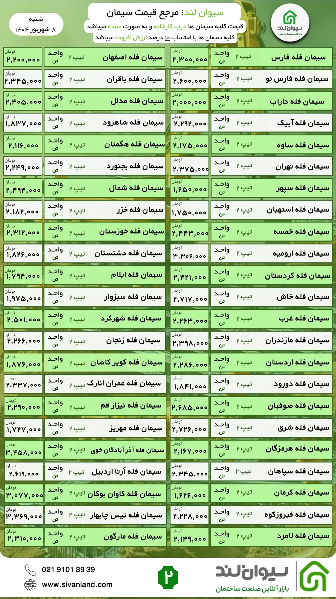 قیمت سیمان امروز شنبه 8 شهریورماه