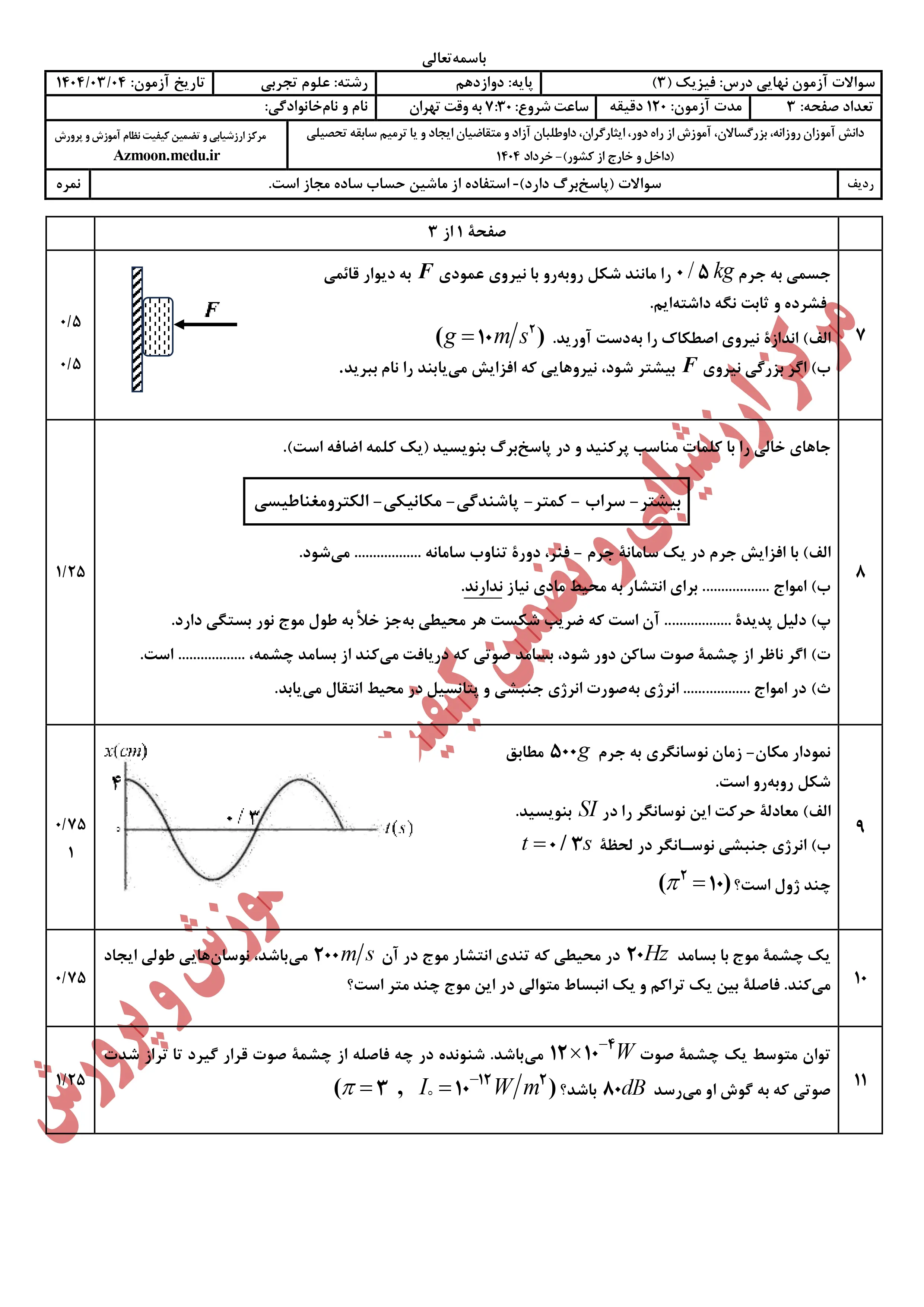 سوالات امتحان نهایی فیزیک دوازدهم تجربی خرداد ۱۴۰۴ + پاسخنامه