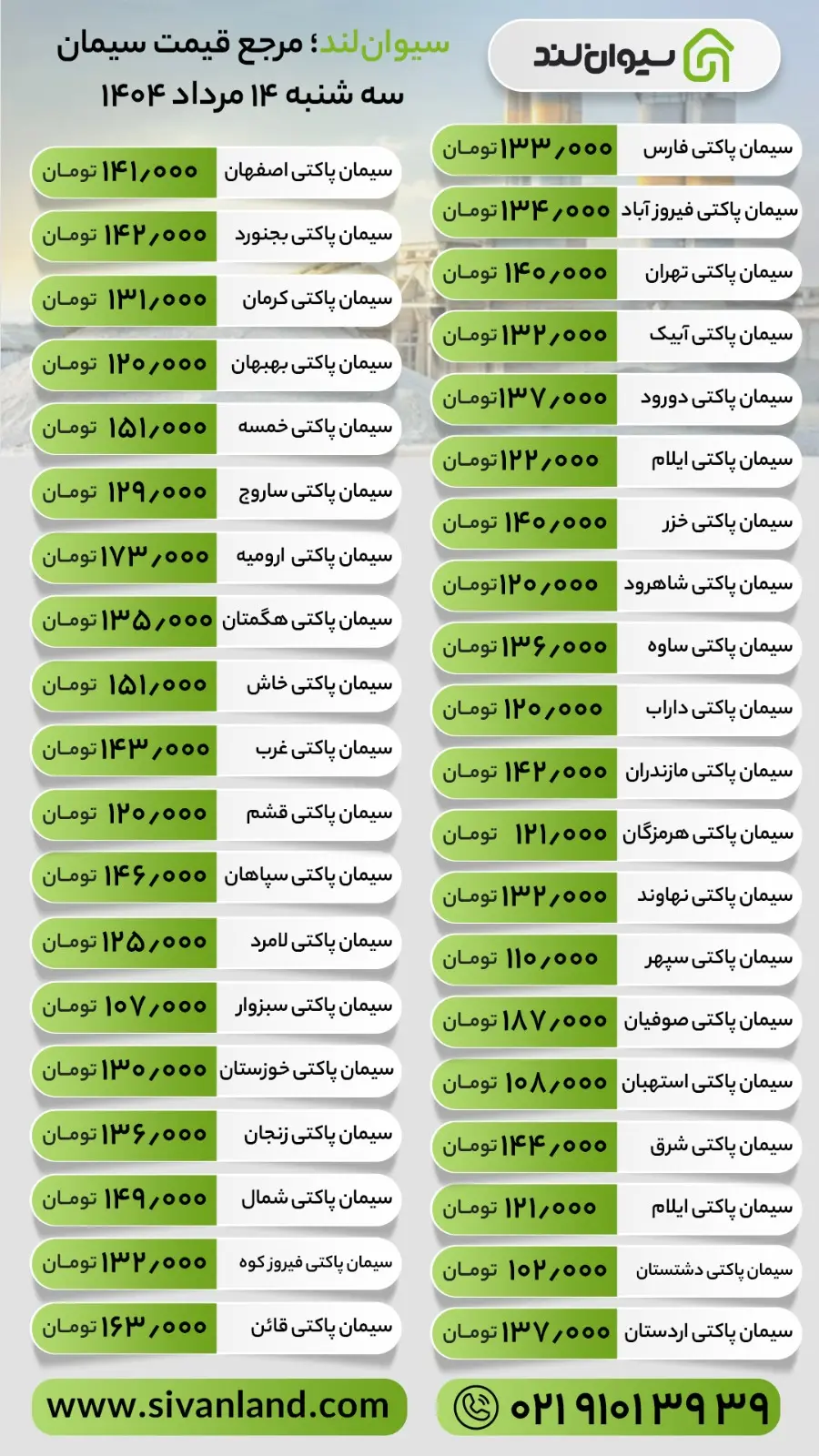 قیمت سیمان امروز سه‌شنبه 14 مرداد