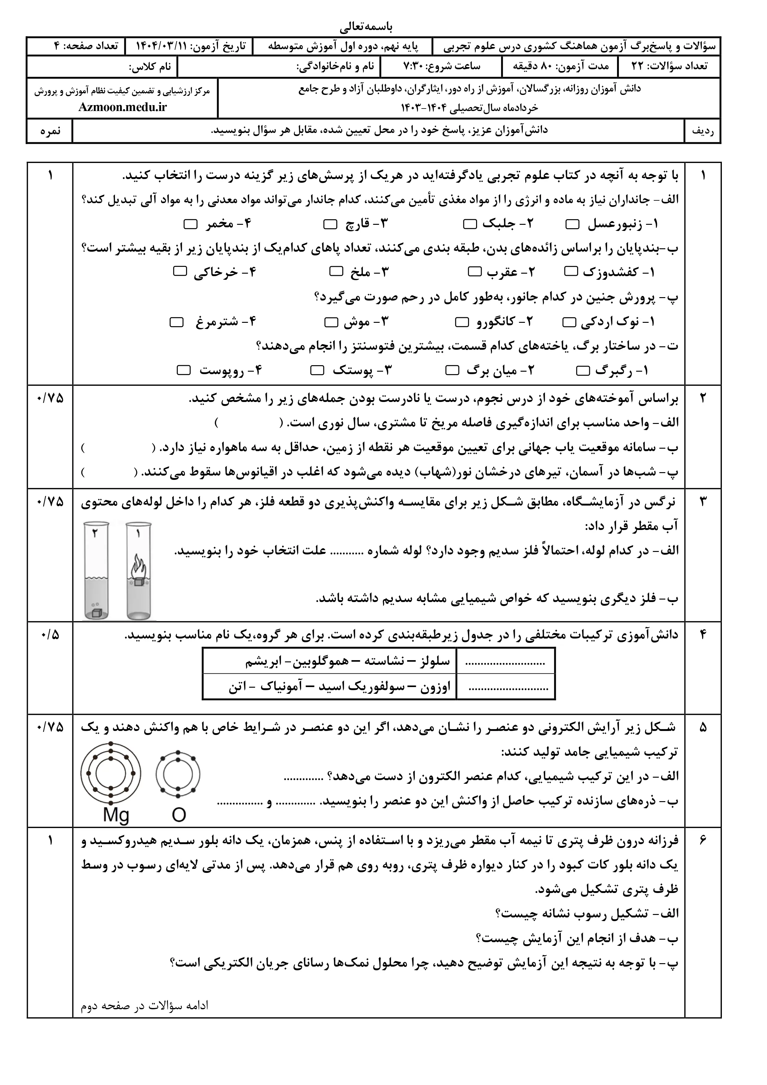 سوالات امتحان نهایی علوم تجربی پایه نهم خرداد ۱۴۰۴ + پاسخنامه (نوبت صبح)