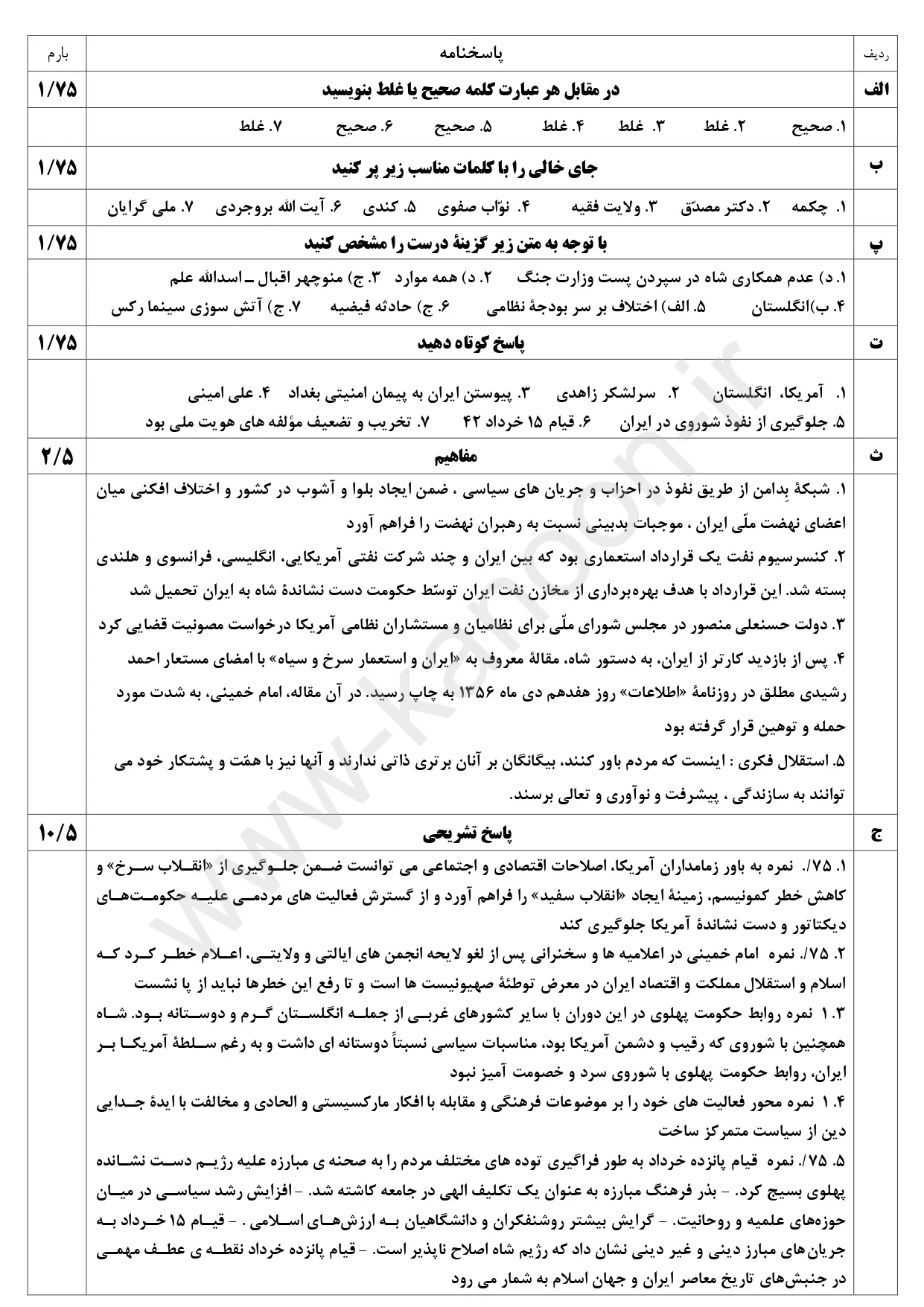 سوالات امتحان شبه نهایی تاریخ معاصر یازدهم ۱۴۰۳ با پاسخنامه تشریحی