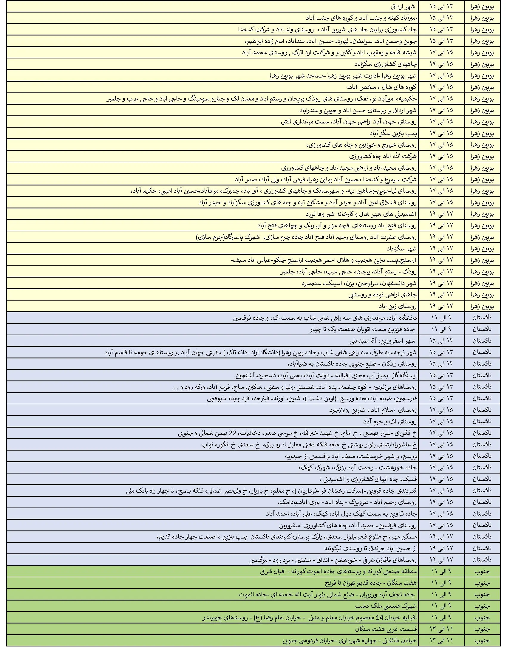 جدول خاموشی‌های برق قزوین در 26 تیر منتشر شد