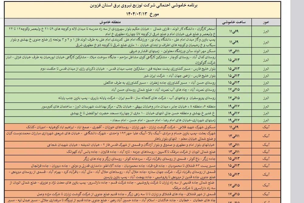 برنامه خاموشی‌های احتمالی 13 اردیبشهت در قزوین+لیست خاموشی‌ها