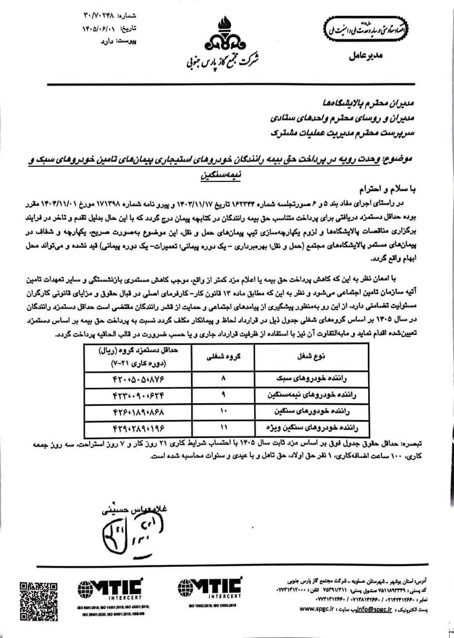 افزایش حقوق رانندگان استیجاری پالایشگاههای گاز بوشهر ابلاغ شد +جزئیات
