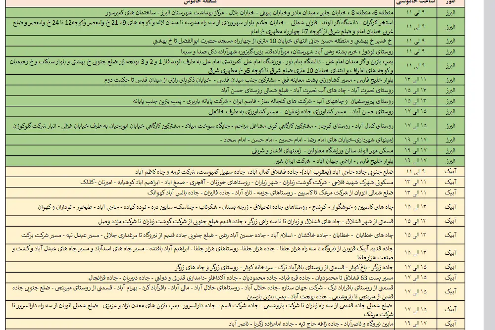 برق مناطق مختلف قزوین در 24 اردیبهشت چه زمانی قطع می‌شود؟