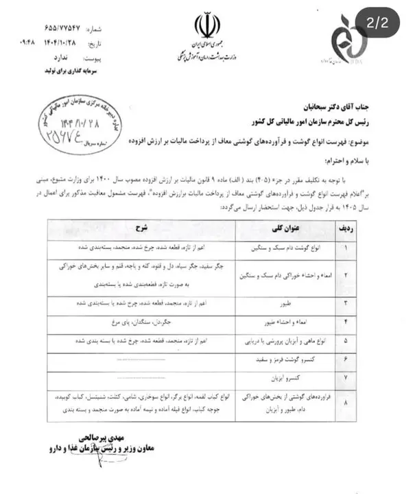 معافیت فرآورده‌های گوشتی معاف از مالیات ارزش‌ افزوده 