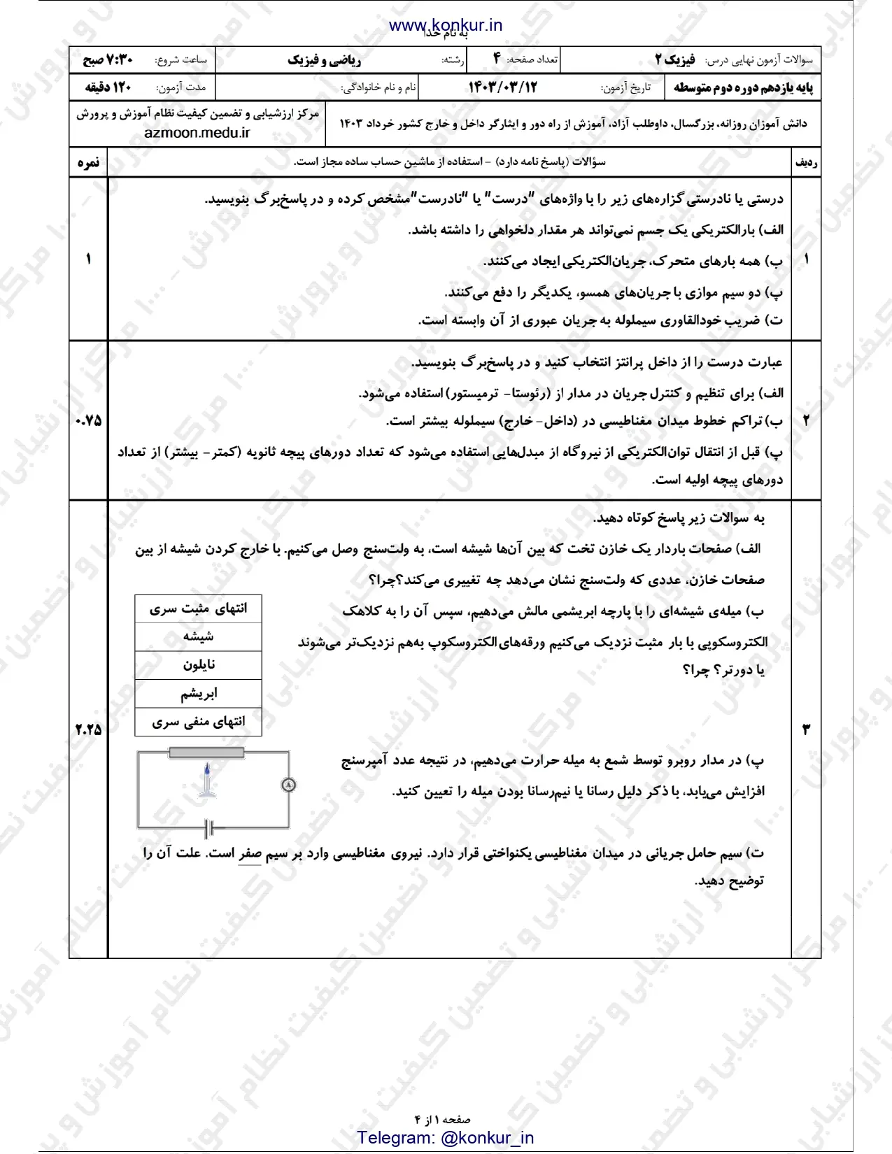 سوالات امتحان نهایی فیزیک یازدهم ریاضی خرداد ۱۴۰۳