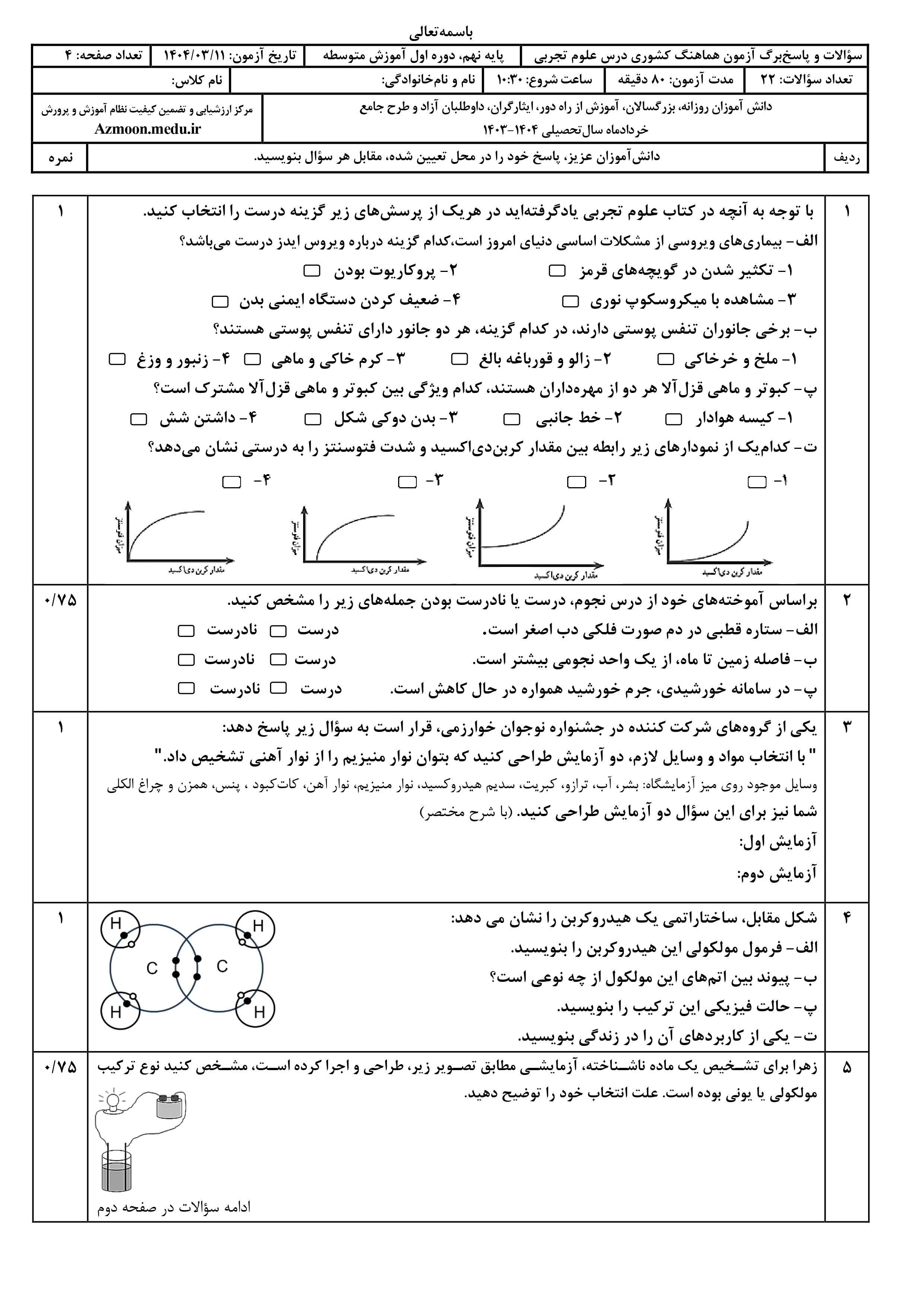 سوالات امتحان نهایی علوم تجربی پایه نهم خرداد ۱۴۰۴ + پاسخنامه (نوبت عصر)