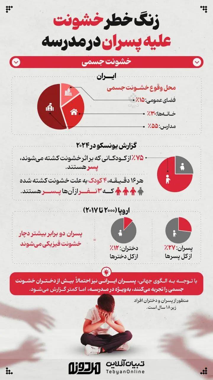 زنگ خطر خشونت علیه پسران در مدارس + اینفوگرافیک