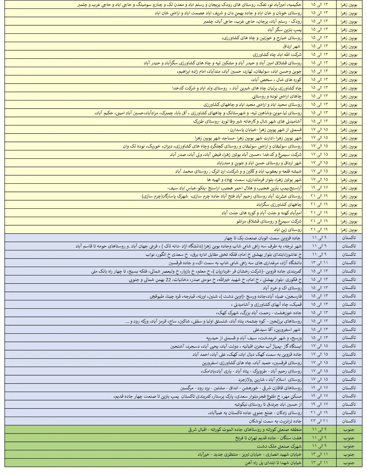 جدول خاموشی‌های برق قزوین در 12 مرداد منتشر شد