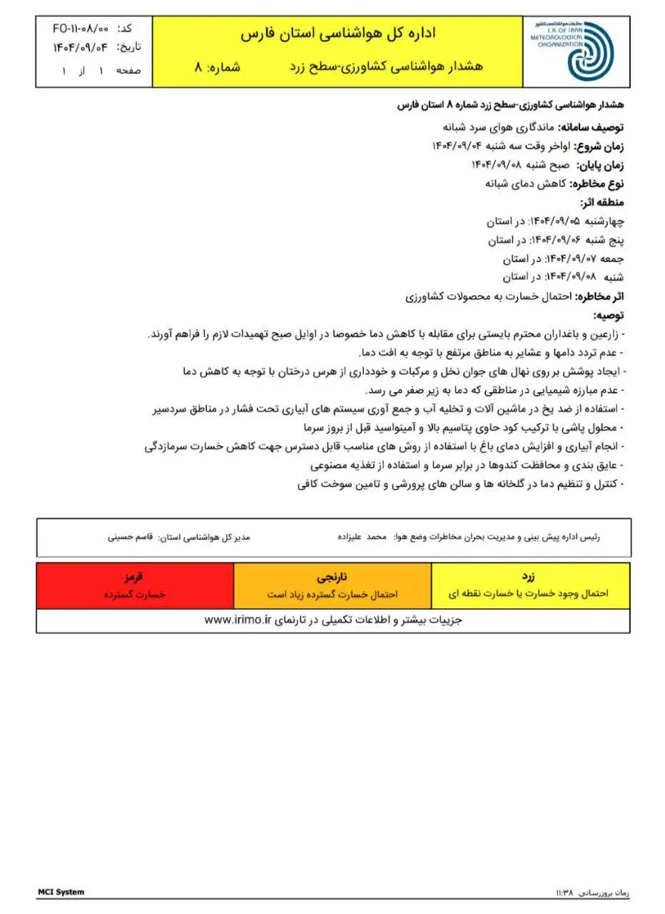احتمال آسیب به محصولات کشاورزی طی ۴ روز آینده
