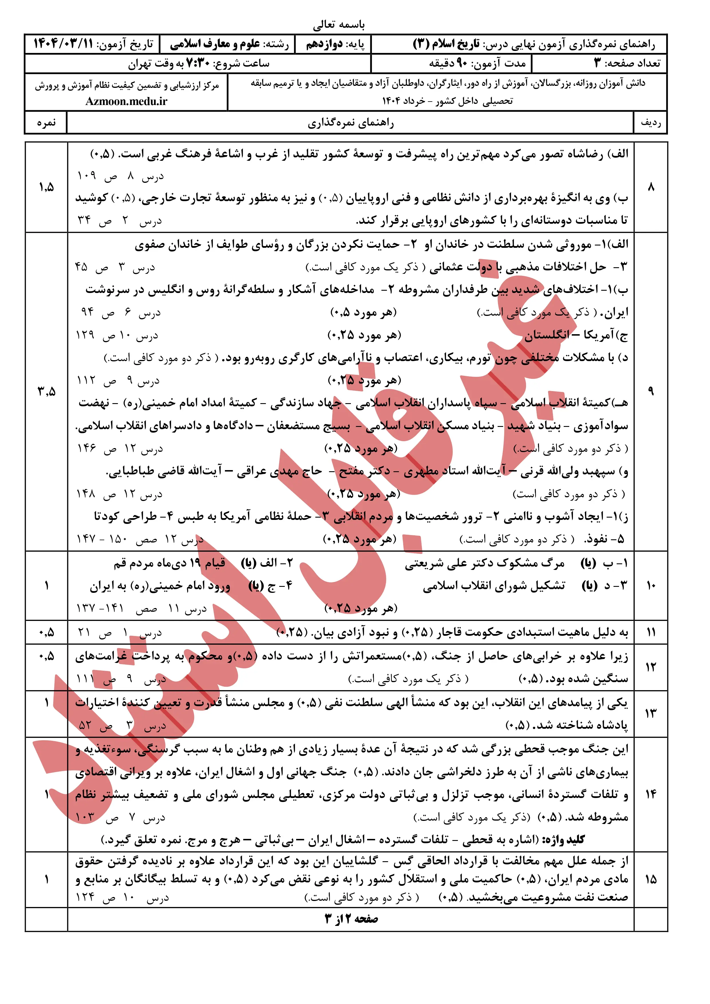 سوالات امتحان نهایی تاریخ دوازدهم خرداد ۱۴۰۴ + پاسخنامه (علوم و معارف)