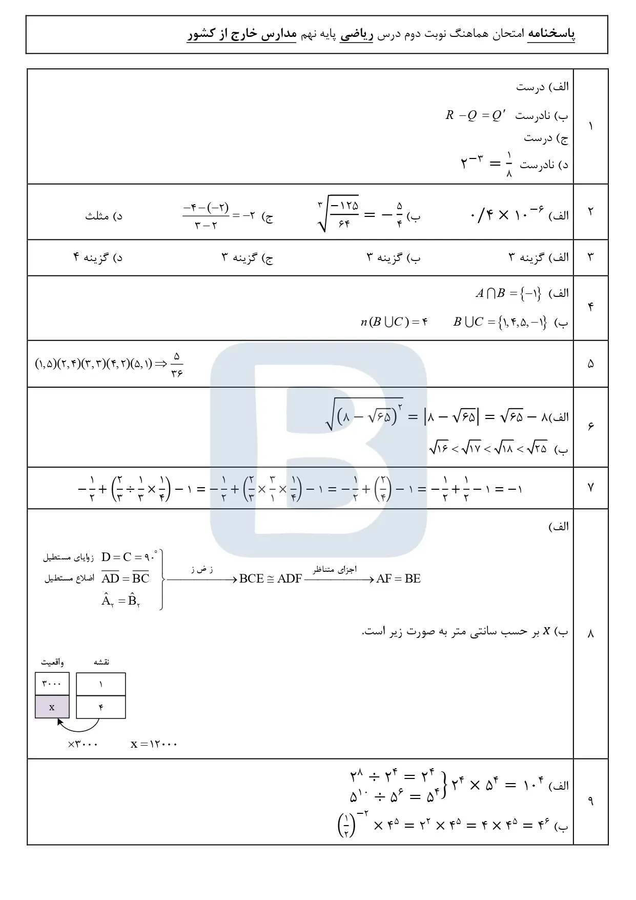 سوالات امتحان نهایی ریاضی نهم مدارس خارج از کشور خرداد ۱۴۰۳ + با پاسخنامه