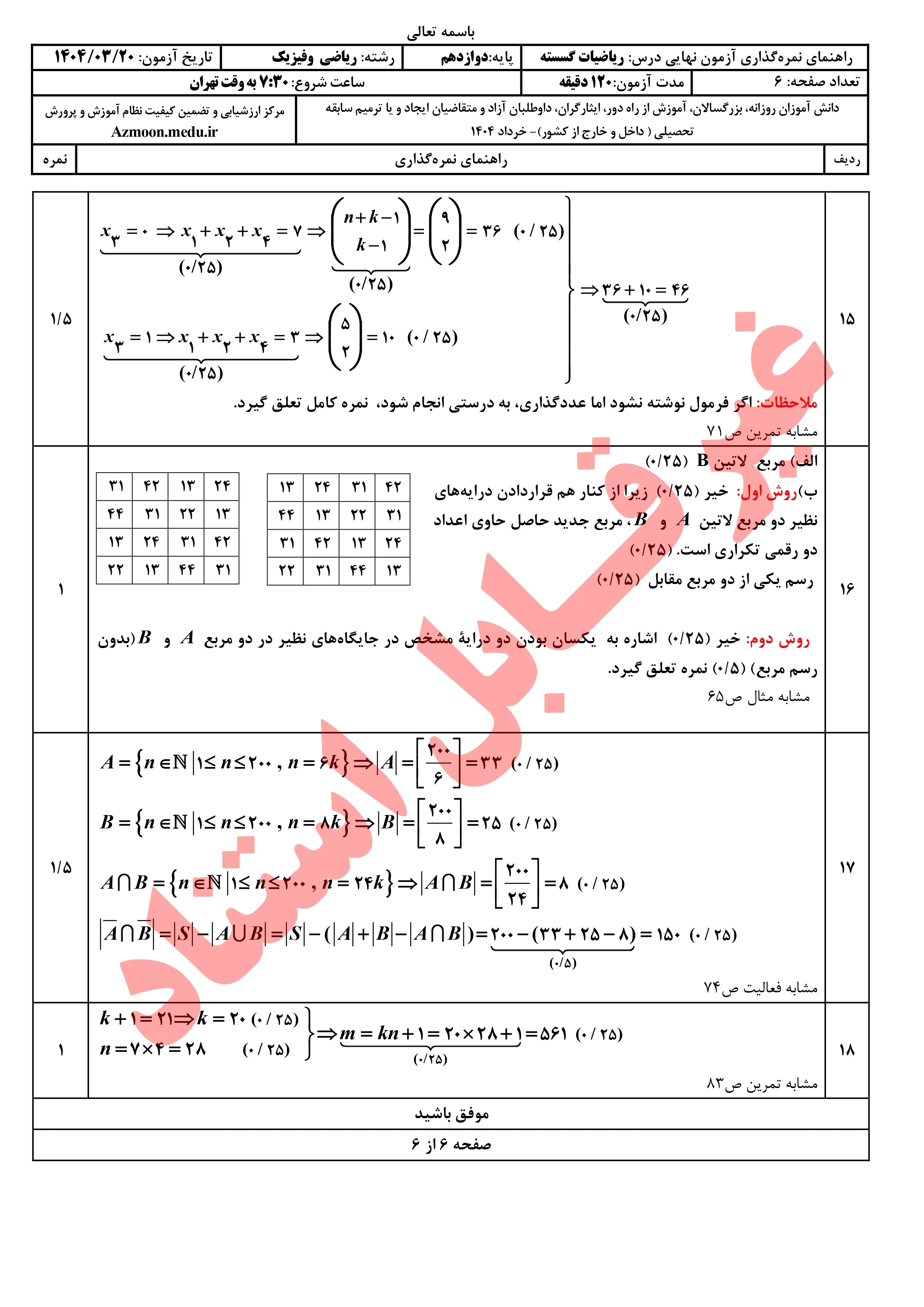 سوالات امتحان نهایی ریاضیات گسسته دوازدهم خرداد ۱۴۰۴ + پاسخنامه