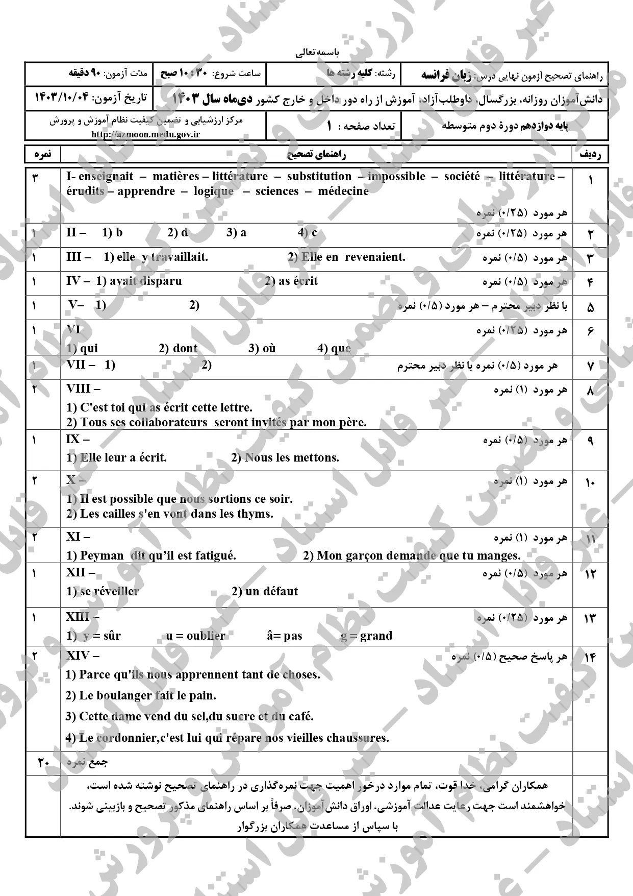 سوالات امتحان نهایی زبان فرانسه دوازدهم دی ماه ۱۴۰۳ + پاسخنامه