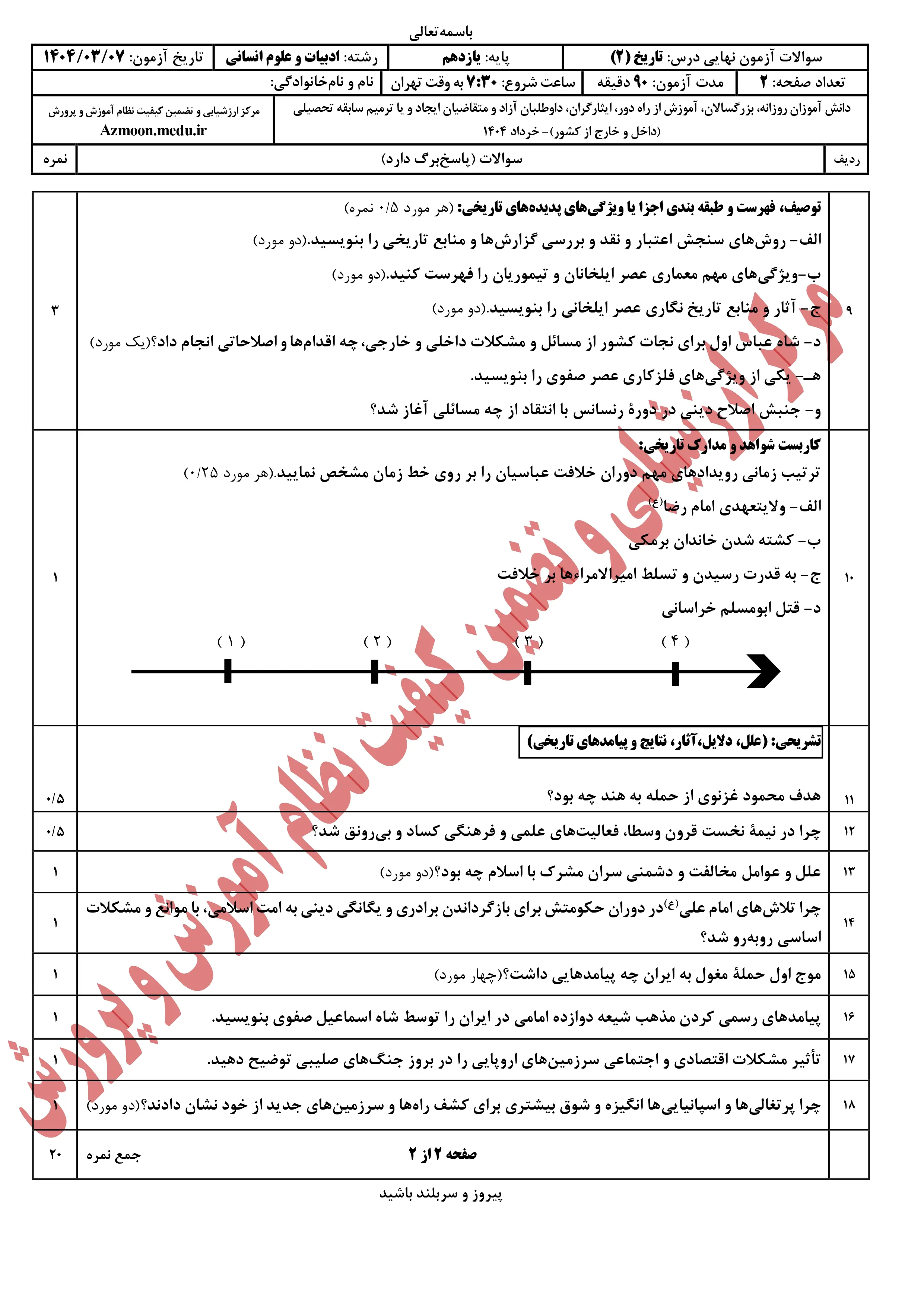 سوالات امتحان نهایی تاریخ یازدهم انسانی خرداد ۱۴۰۴ + پاسخنامه