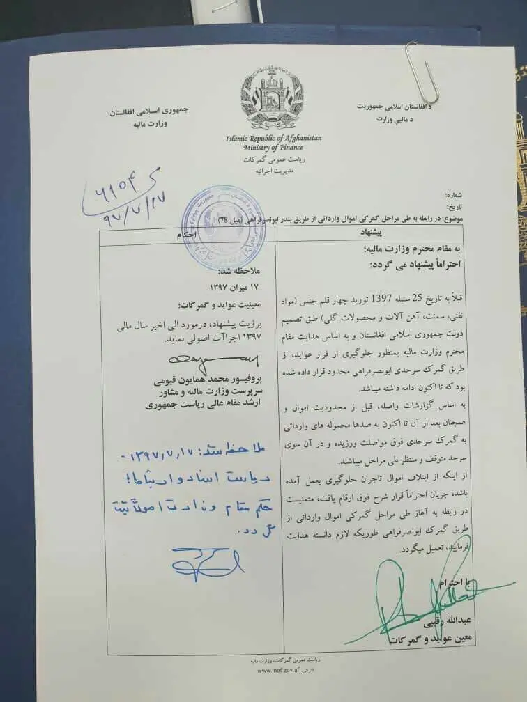 موافقت گمرک افغانستان با از سرگیری صادرات 4 کالای ایرانی از مرز فراه + متن نامه