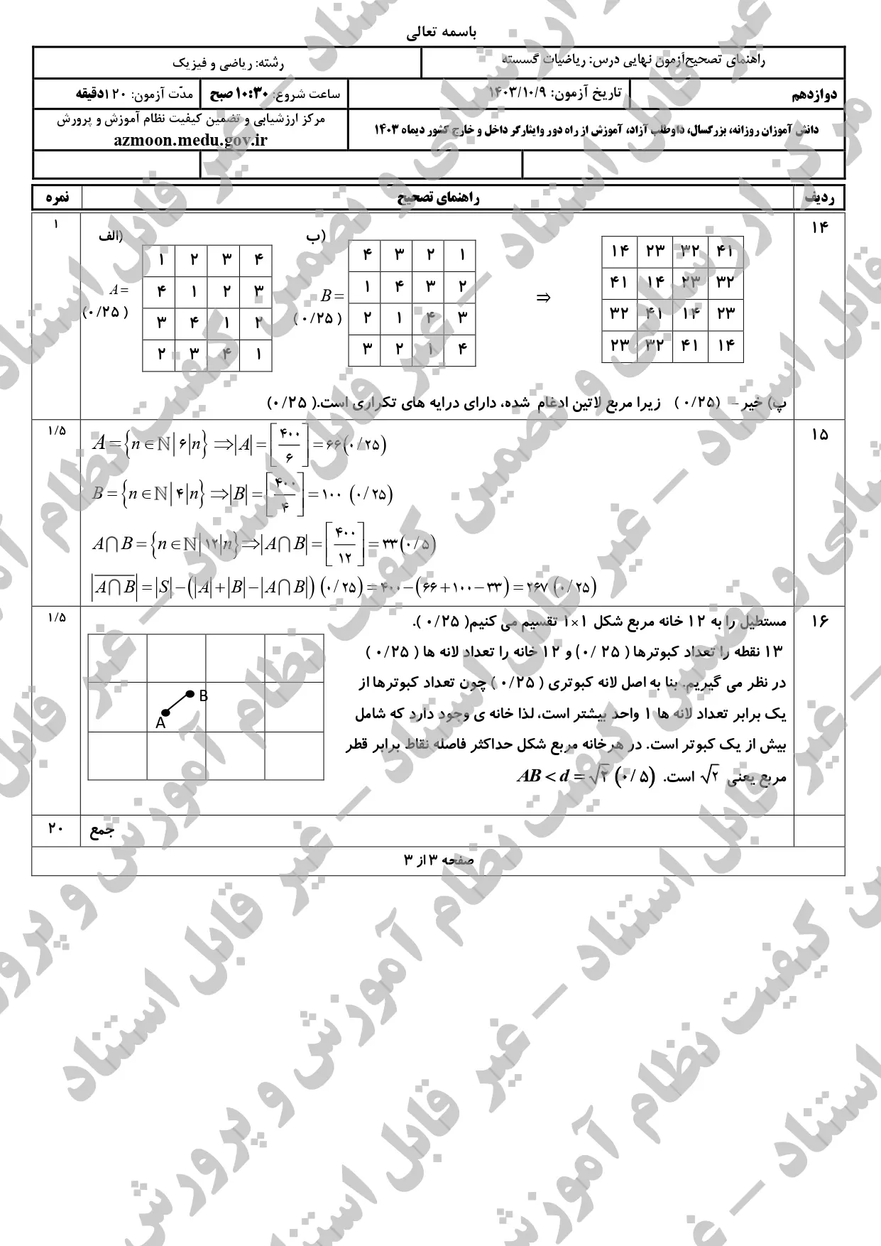 سوالات امتحان نهایی ریاضیات گسسته دوازدهم دی ماه ۱۴۰۳ + پاسخنامه