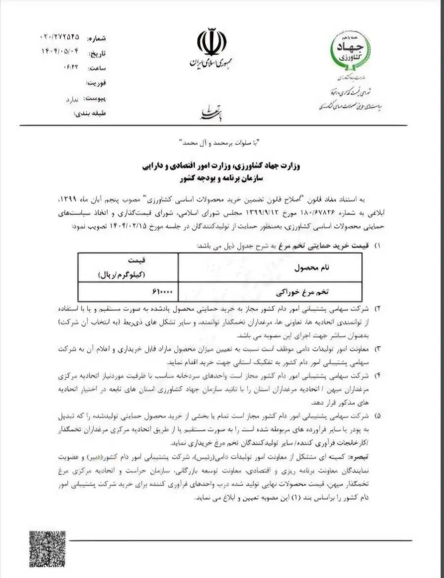 قیمت خرید حمایتی تخم مرغ اعلام شد