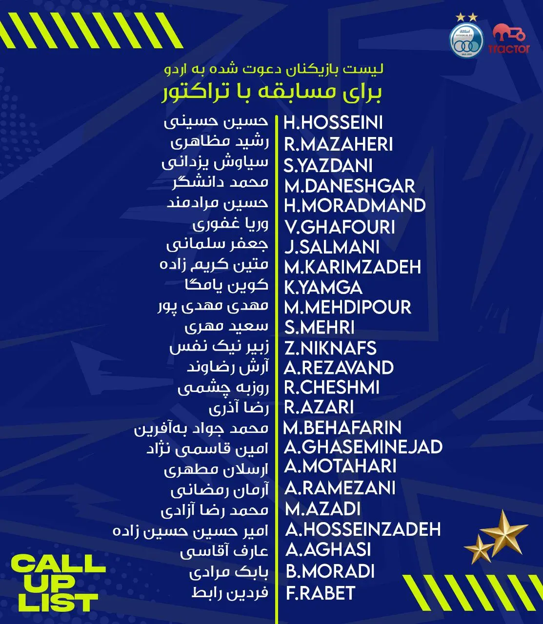 اعلام لیست بازیکنان استقلال برای مصاف با تراکتور
