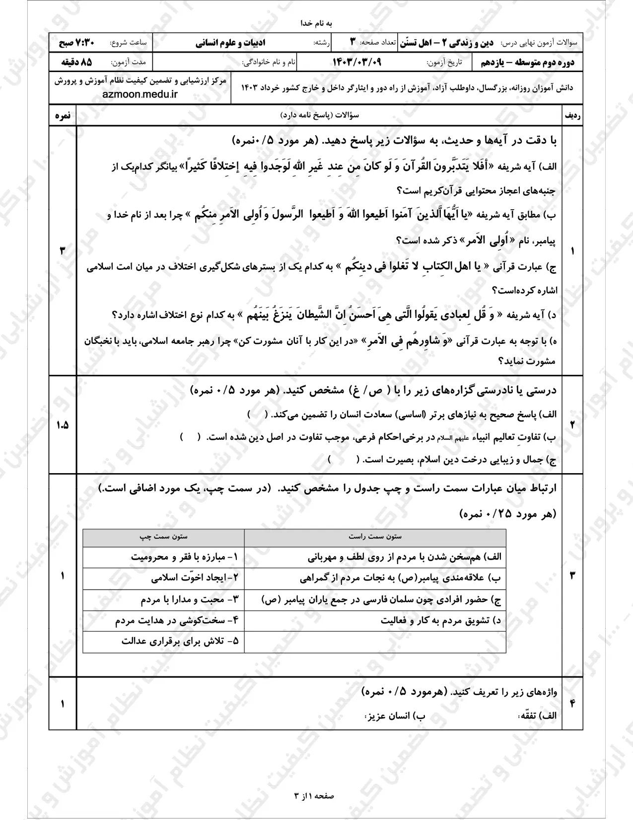 سوالات امتحان نهایی دینی یازدهم انسانی خرداد ۱۴۰۳ (تسنن)