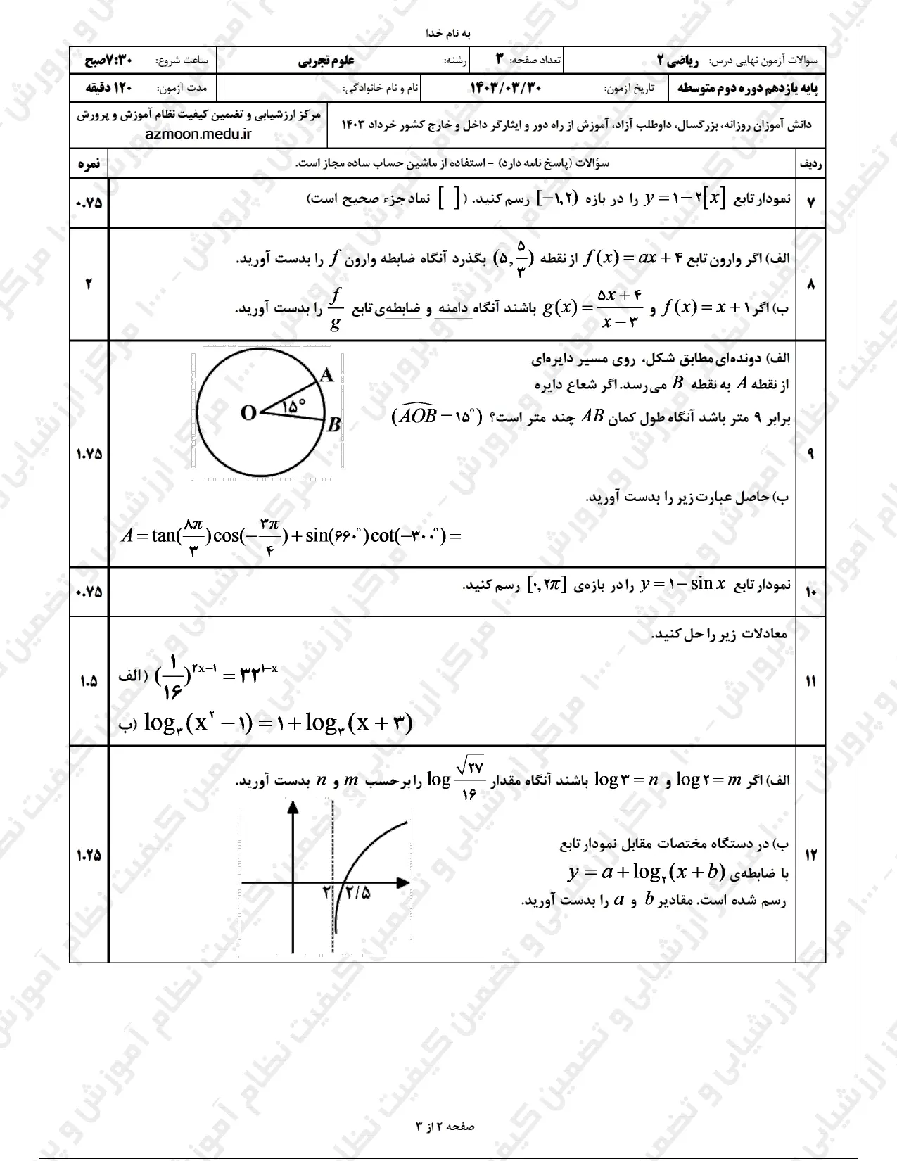 سوالات امتحان نهایی ریاضی تجربی یازدهم خرداد ۱۴۰۳ + پاسخنامه تشریحی