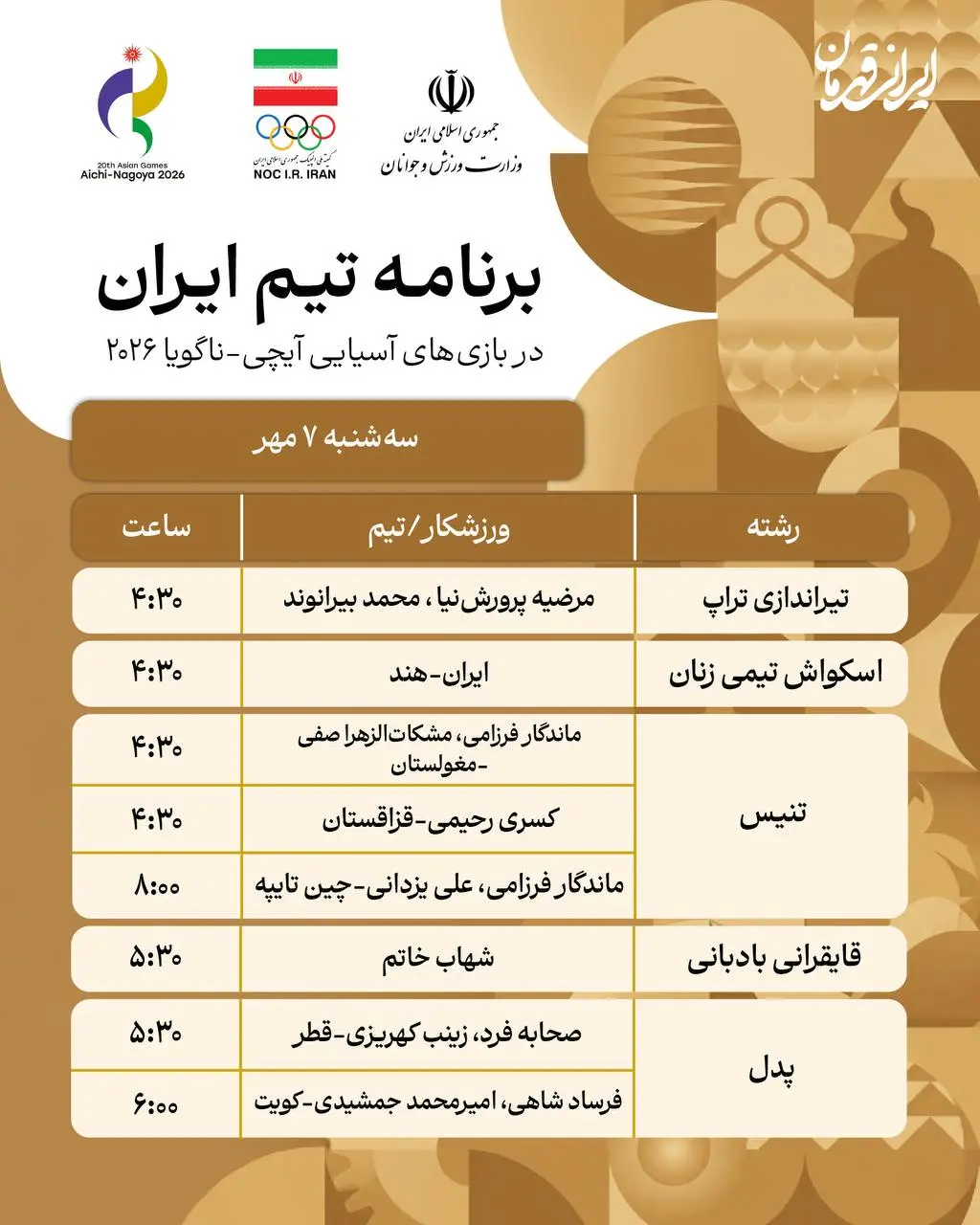 برنامه روز دهم نمایندگان <a href='https://sayeb.ir/tag/%d8%a7%db%8c%d8%b1%d8%a7%d9%86'></div>ایران</a> در بازی های آسیایی ناگویا
